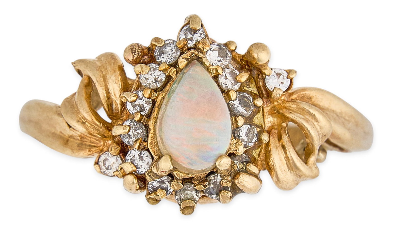 14K Diamond & Opal Ring: 14K gold ring entering a pear-cut opal cabochon, accented by sixteen round brilliant-cut diamonds, marked "14K" Size: 7 1/2 Total weight: 3.73 g Provenance: Property from a home in the