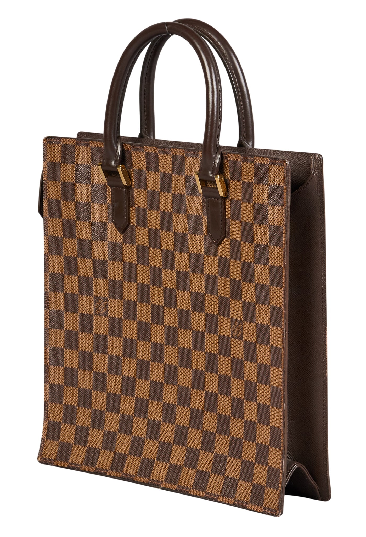 Louis Vuitton Sac Plat Handbag: Louis Vuitton Sac Plat handbag in brown coated Damier Ebene canvas, with brown leather handles, suede lining and golden hardware, marked MI0967, includes dustbag 11.5 in. x 11.5 in. x 2.5 in. 