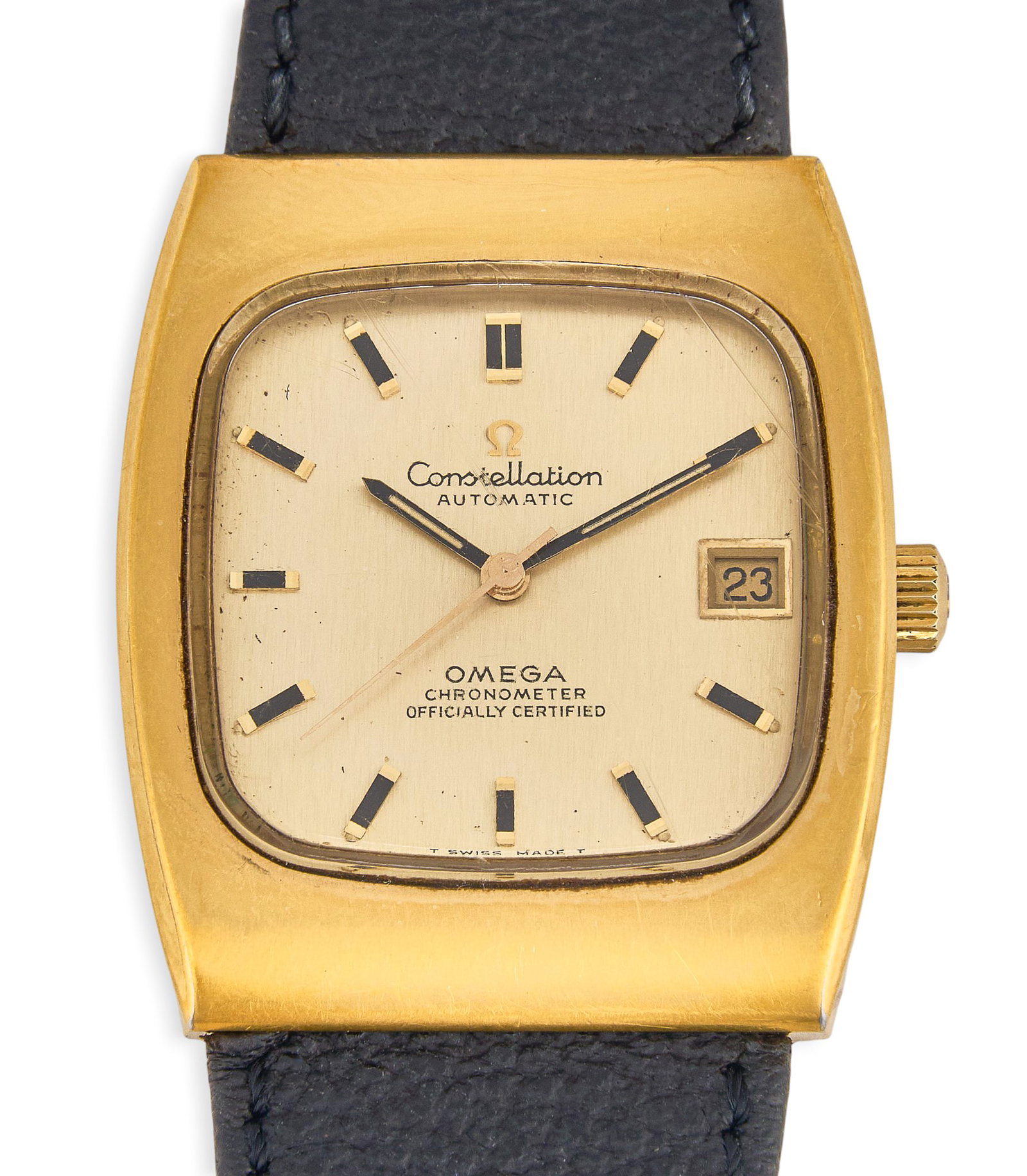 Vintage Omega Constellation Automatic Chronometer Watch: Vintage Omega Constellation watch featuring an automatic chronometer movement, champagne dial with date complication and a gold-plated case, with an Omega black leather strap and a stainless steel buc