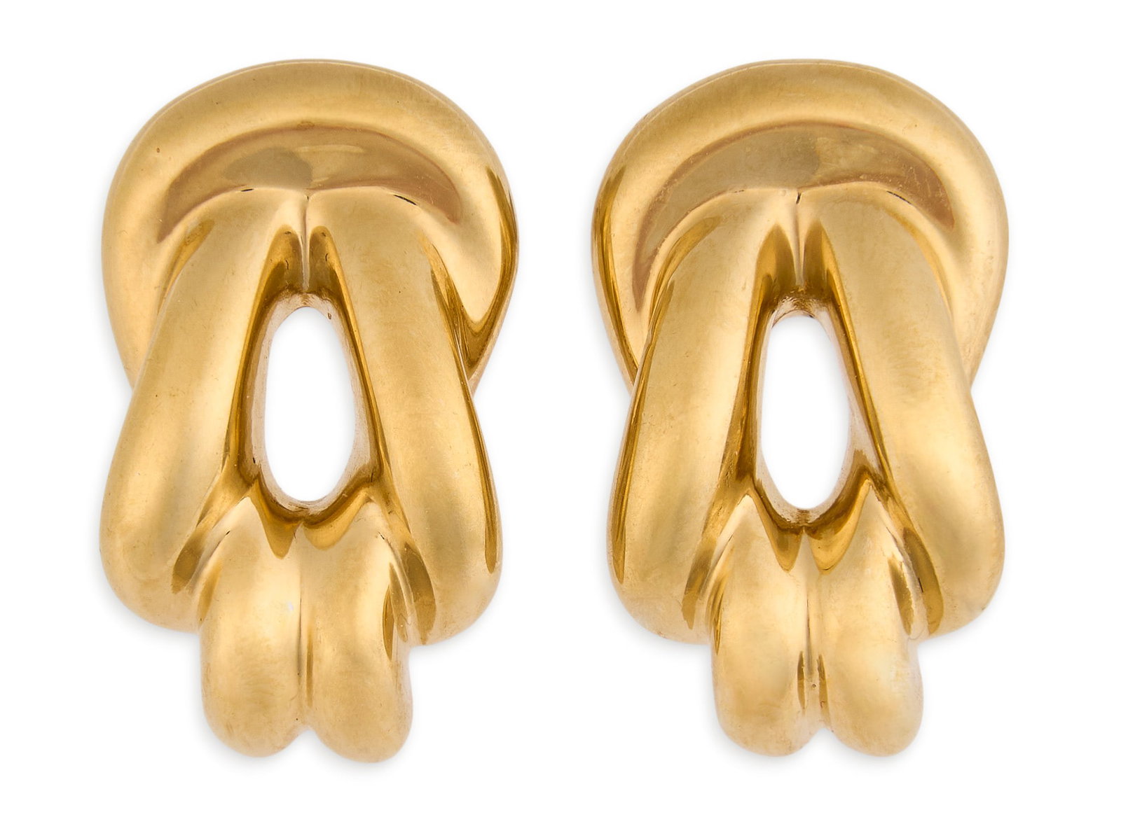 14K Electroform Knot Earrings: Pair of 14K gold electroform knot earrings, marked "14K" to posts Total weight: 2.6 g Provenance: Property from a home in San Antonio, Texas
