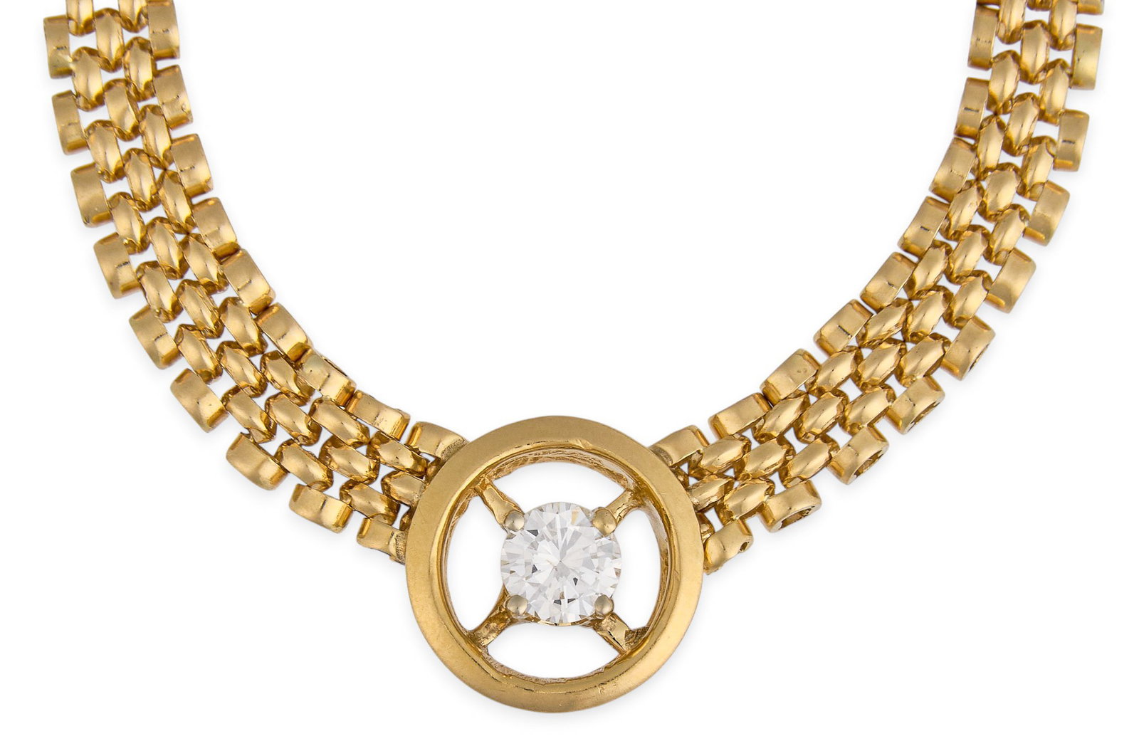 14K Diamond Necklace: 14K gold mesh link necklace featuring a central circular pendant set with a round diamond solitaire, approximately 0.35 carats, marked "14K" to clasp Length: 15 in. Total weight: 18.0