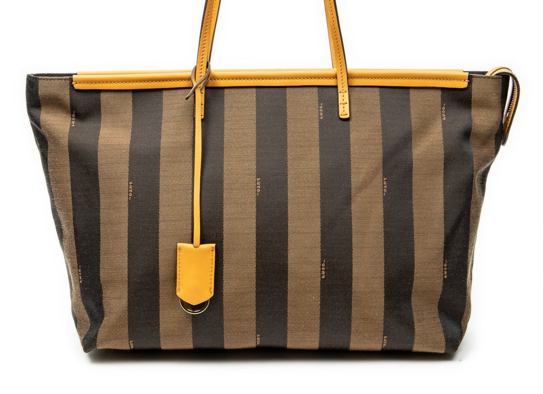 Fendi Roll Zip Tote Shoulder Bag: Fendi Roll Zip Tote shoulder bag in mustard yellow/brown pequin canvas, mustard yellow leather handles, gold hardware, marked 8BH185-Q0Z-148-2111, includes dustbag, charm in clochette; third-party