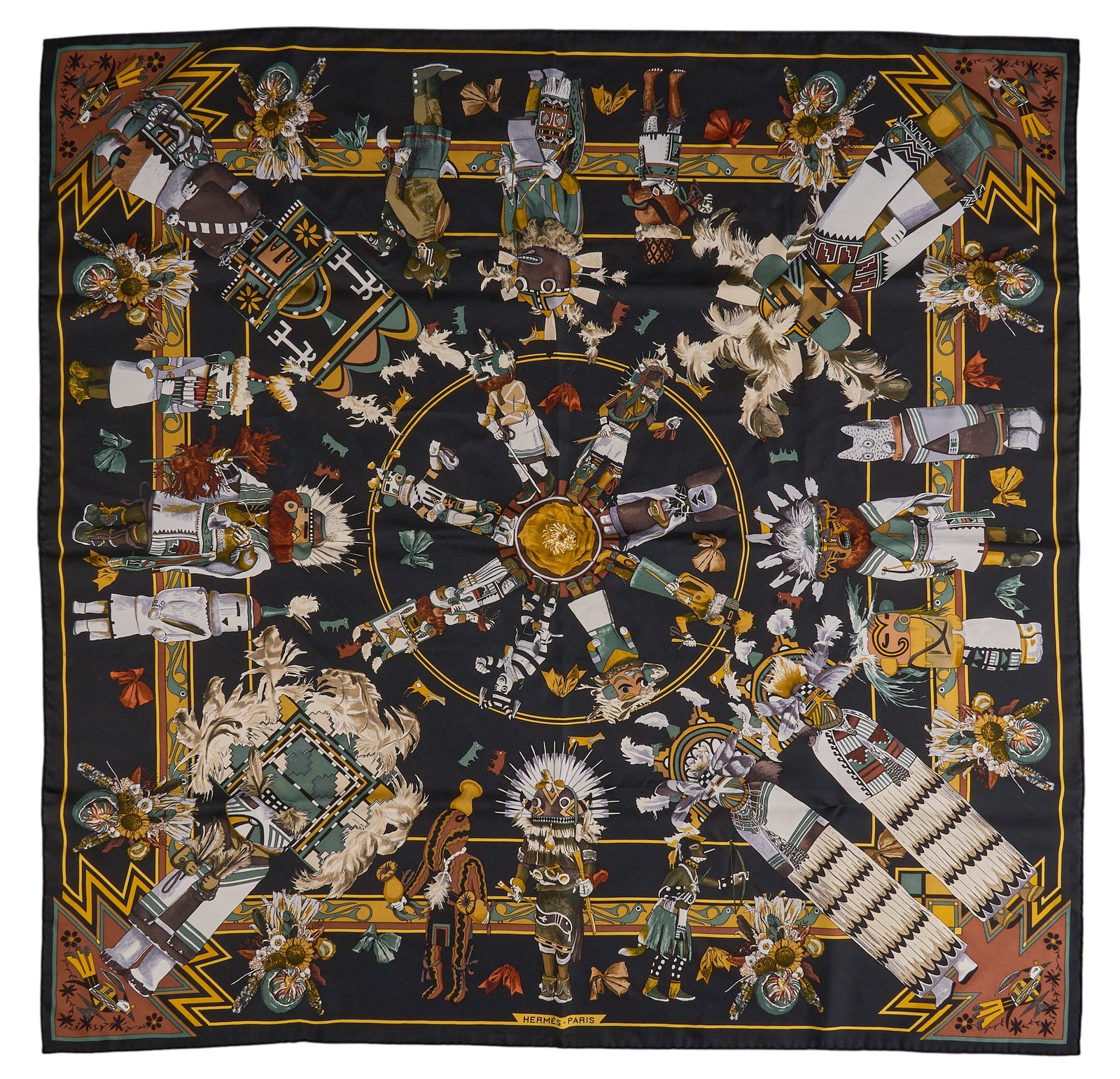 Kermit Oliver / Hermes, "Kachinas" Scarf: Kermit Oliver (Texas, b. 1943) designing for Hermès Paris, "Kachinas", silk square scarf with black colorway, includes Hermes box Square 34.5 in. Condition AA; perfect