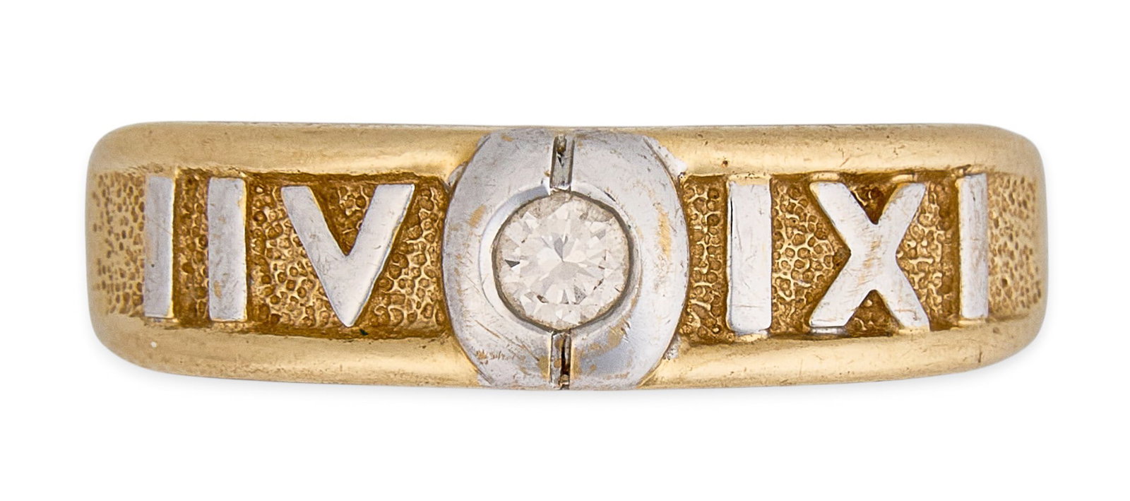 14K Diamond Ring: 14K gold atlas-style Roman numeral ring featuring a round solitaire diamond set in a two-tone design, marked "14K 585" Size: 6.5 Total weight: 2.34 g Provenance: Property fro