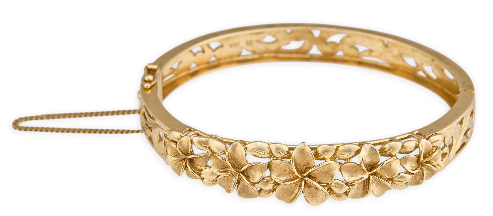 14K Plumeria Bangle: 14K yellow gold plumeria bangle bracelet, marked "14k" Circumference: 6 in. Total weight: 21.0 g Provenance: Property from a home in Boerne, Texas