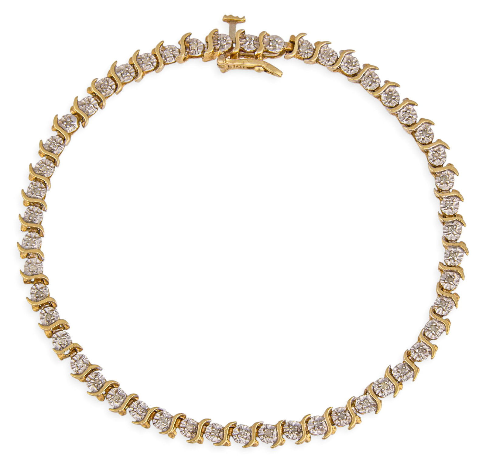 10K Diamond Tennis Bracelet: 10K gold tennis bracelet set with round-cut diamonds, clasp marked "10K" Length: 7.25 in. Total weight: 5.74 g Proven