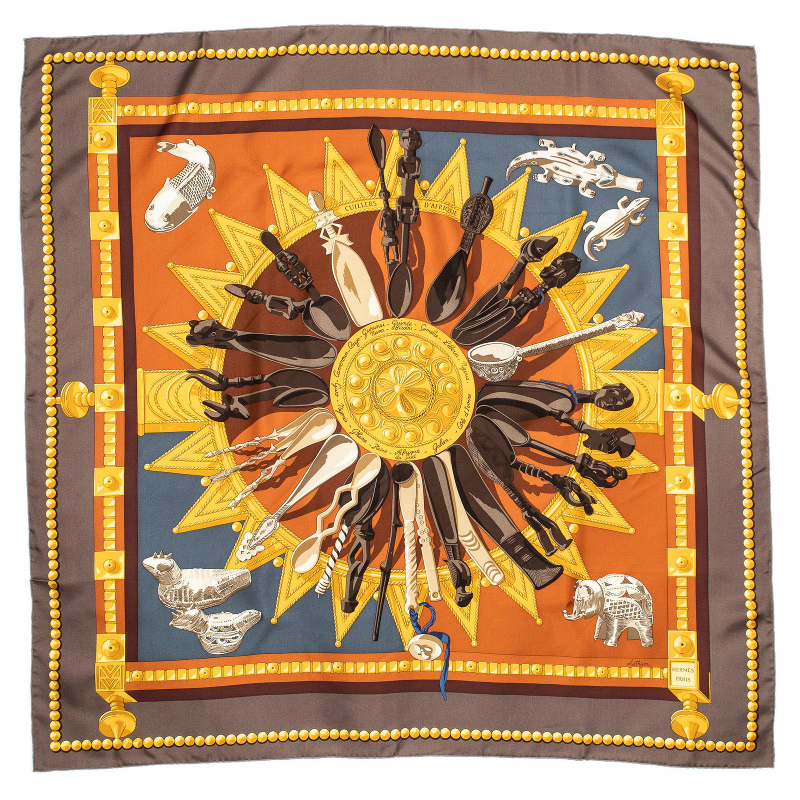Hermès Cuillers D'Afrique Silk Scarf: Hermès "Cuillers D'Afrique" silk scarf, designed by Caty Latham Square: 35.5 in. Condition A; excellent condition, shows little signs of wear