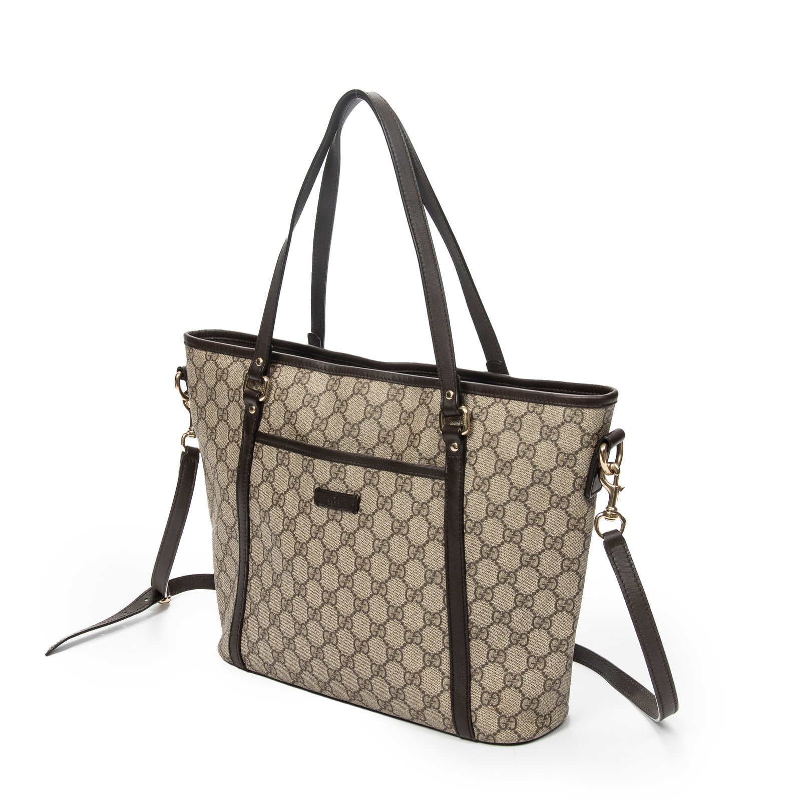 Gucci Zip Shopping Tote Shoulder Bag: Gucci Zip Shopping Tote shoulder bag in beige/brown monogrammed canvas, brown leather handles, gold hardware, marked 388929-525040, includes long strap; third-party authenticated 11.75 in. x 10.5 in.