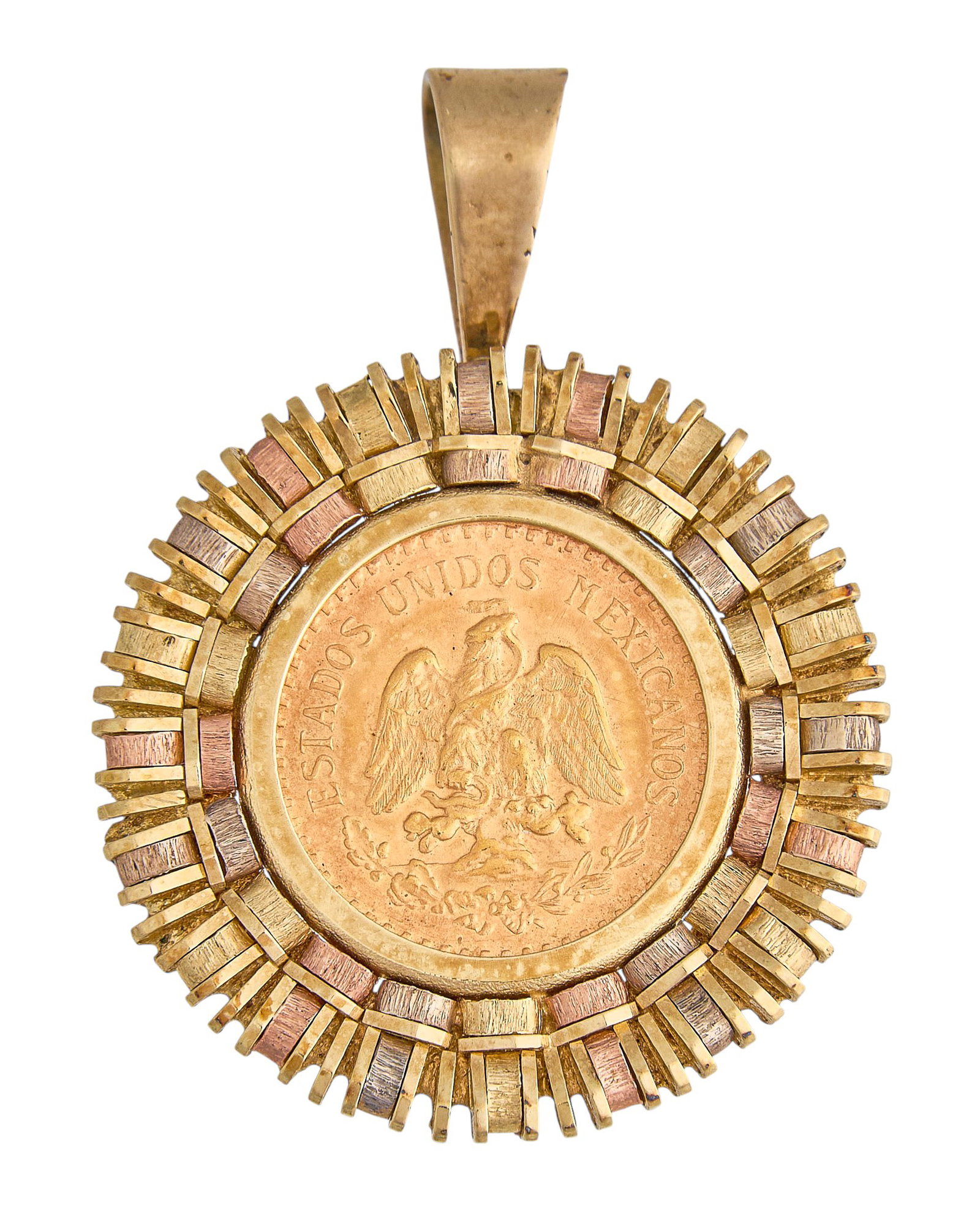 14K 2.5 Peso Pendant: Mexican gold 2.5 peso coin housed in a 14K gold bezel setting, marked "14K" to bail Size: 1.25 in. x 1 in. / with bail Total weight: 7.2 g Provenance: Property from a home in Boerne,