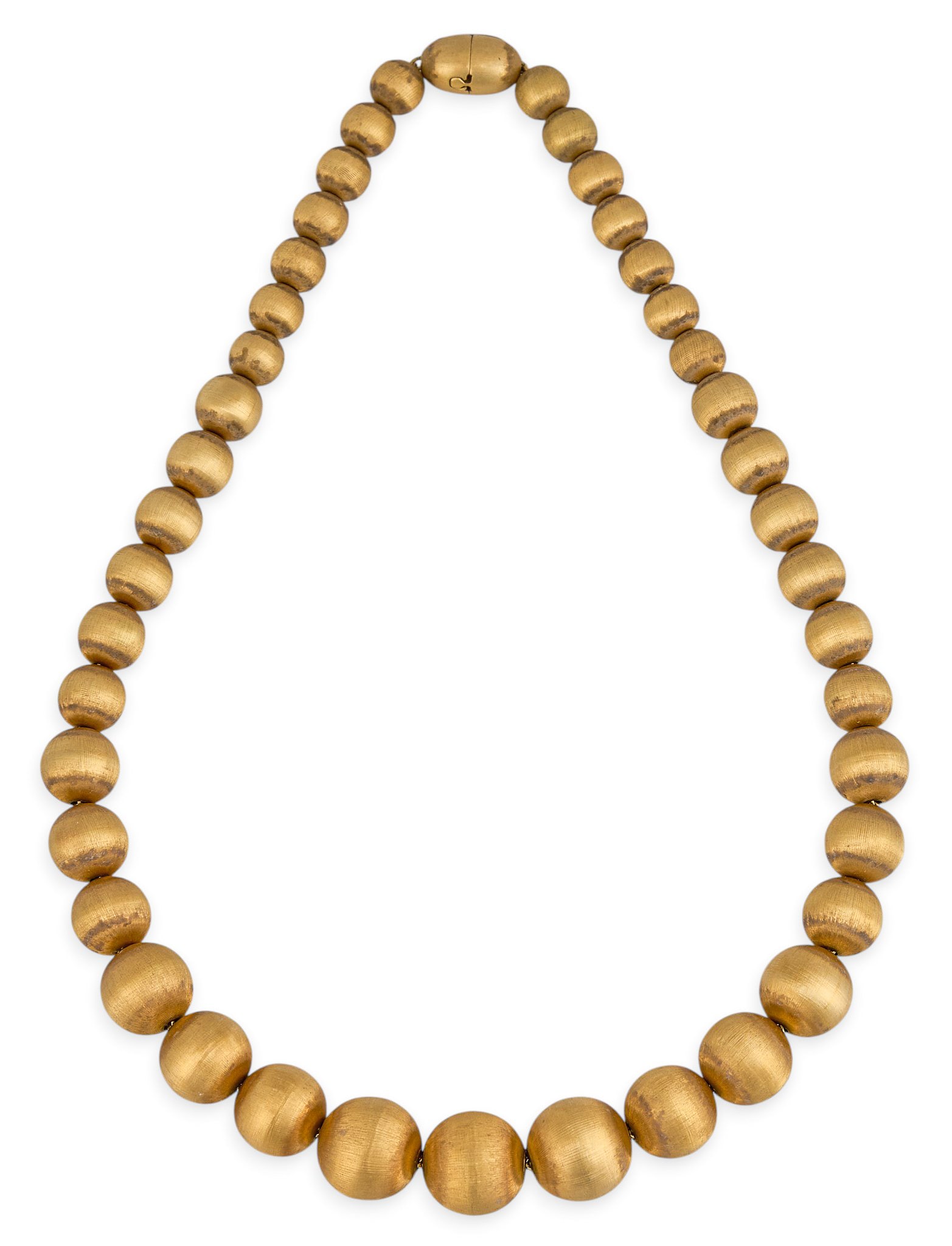 18K Beaded Necklace: 18K gold beaded necklace by Chini, composed of graduated round brushed gold beads, ranging 8-14 mm, and ball clasp stamped "chini" Length: 16 in. Total weight: 86.8 g