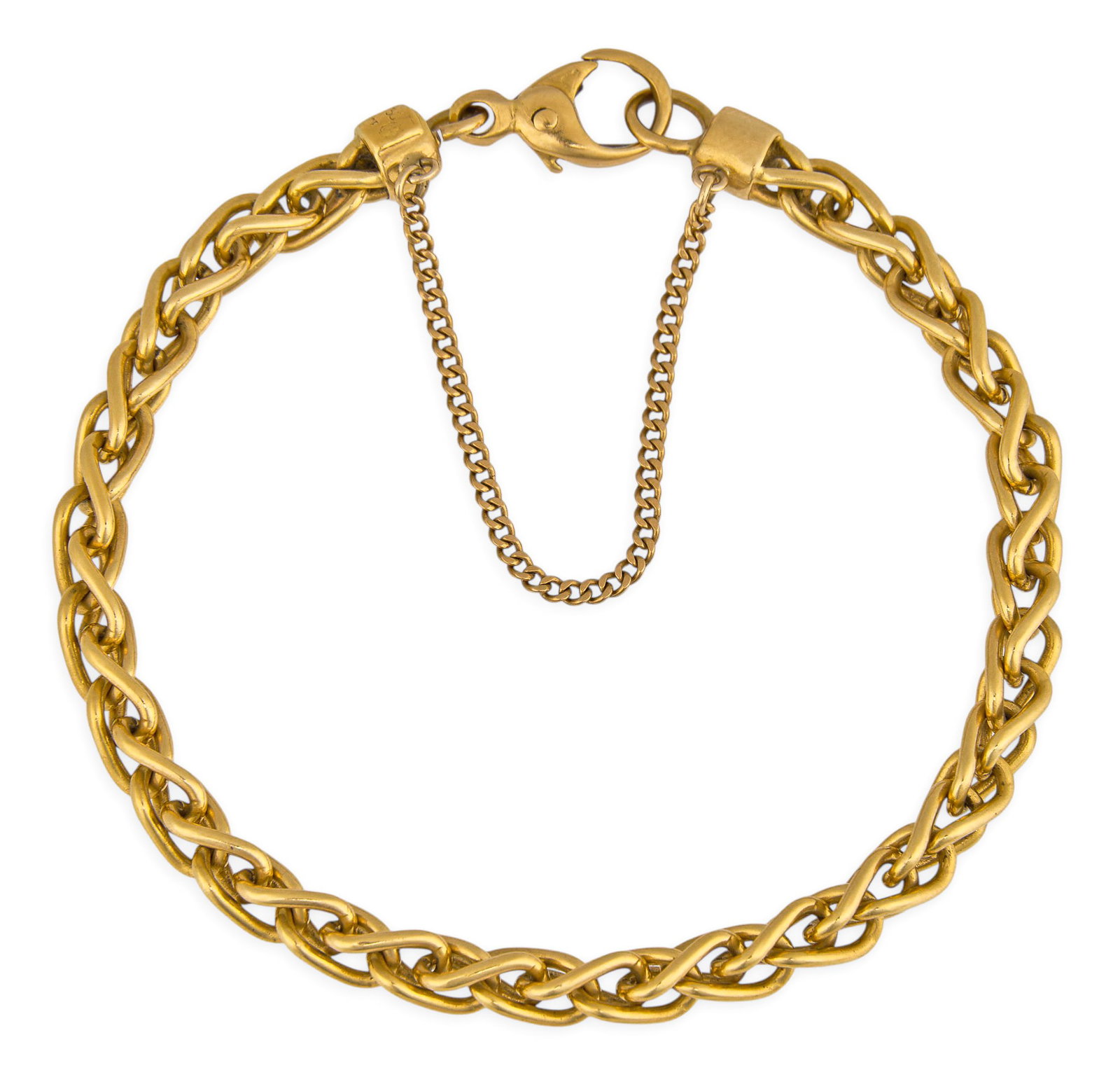 18K Wheat Link Bracelet: 18K gold wheat-link bracelet, with safety chain, marked "750" to clasp Length: 7.5 in. Total weight: 19.82 g Provenance: Property from a home in the Alamo Heights neighborhood of San