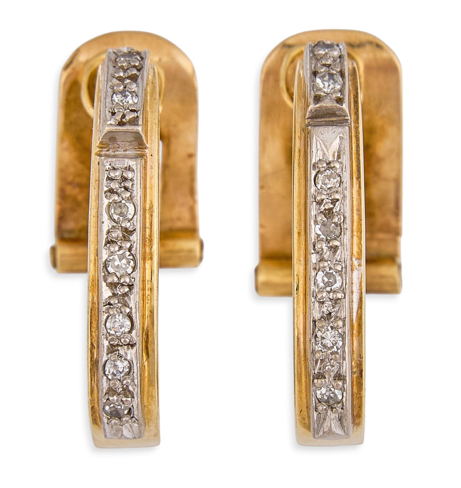 18K Diamond Hoop Earrings: Pair of 18K two-tone gold hoop earrings, set with round-cut diamonds, marked "750" Size: 0.75 in. / length Total weight: 9.5 g Provenance: Property from a home in San Antonio, Texas