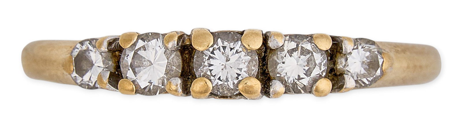 14K Diamond Ring: 14K gold band, set with five round brilliant-cut diamonds, approximately 0.4 ctw, marked "F.R. Co. 14K" Size: 8.5 Total weight: 2.0 g Provenance" Property from a home in San Antonio,