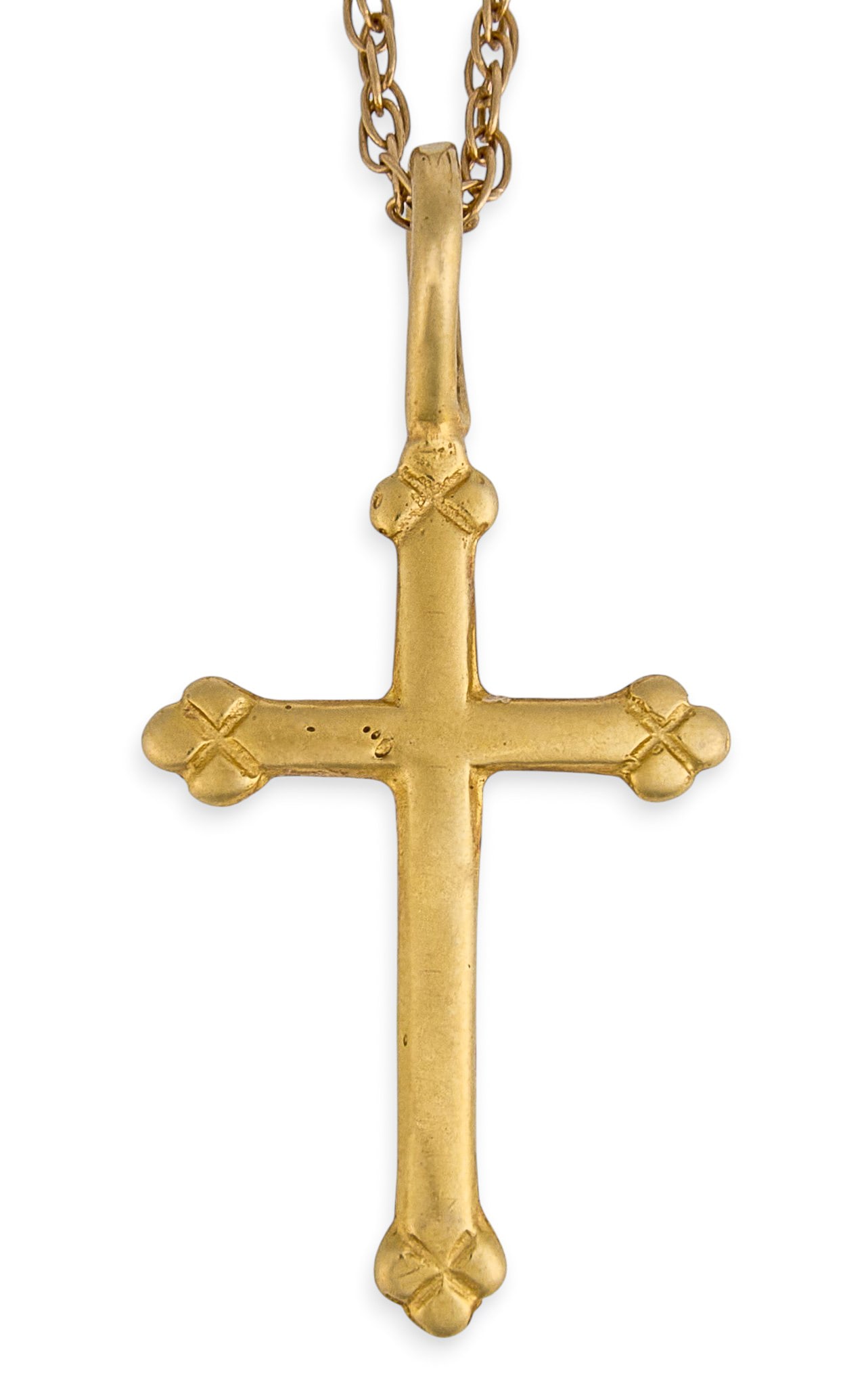 14K Cross Pendant Necklace: 14K gold cross pedant necklace, marked "14K" to pendant and clasp Length: 16 in. Total weight: 1.3 g Provenance: Property from a home in the Alamo Heights neighborhood of San Antonio, Texas