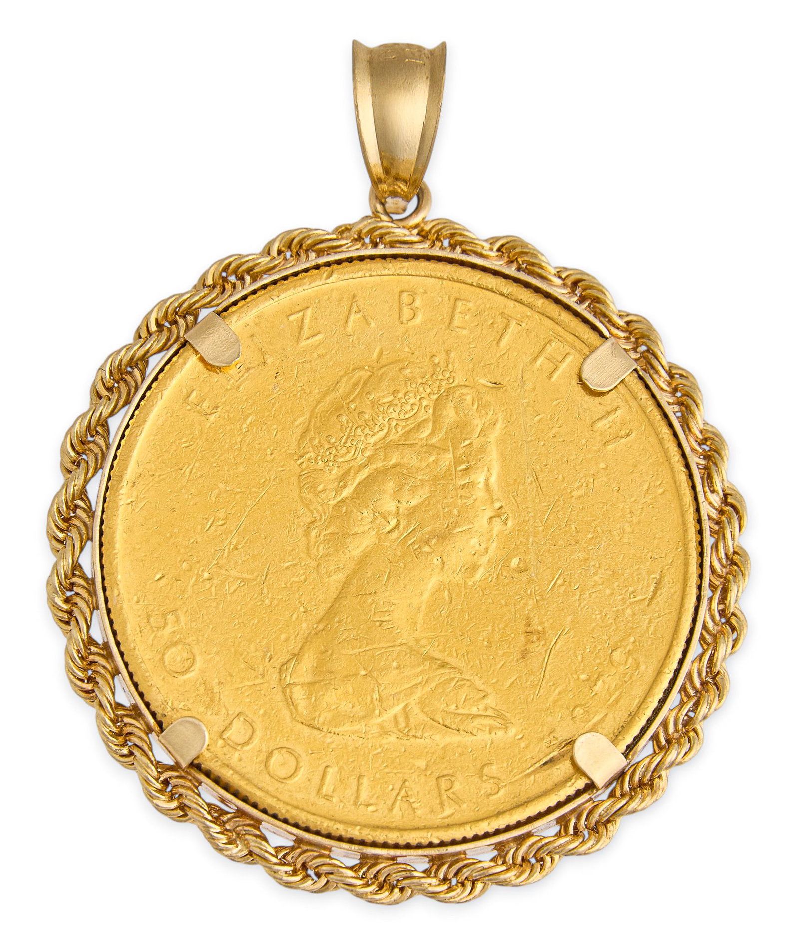 14K $50 Canadian Maple Leaf Coin Pendant: $50 Canadian Maple Leaf gold coin housed in a 14K gold twisted rope style bezel, bail marked "14K" Size: 1.75 in. x 1.5 in. / with bail Total weight: 35.4 g Provenance: Property from a home