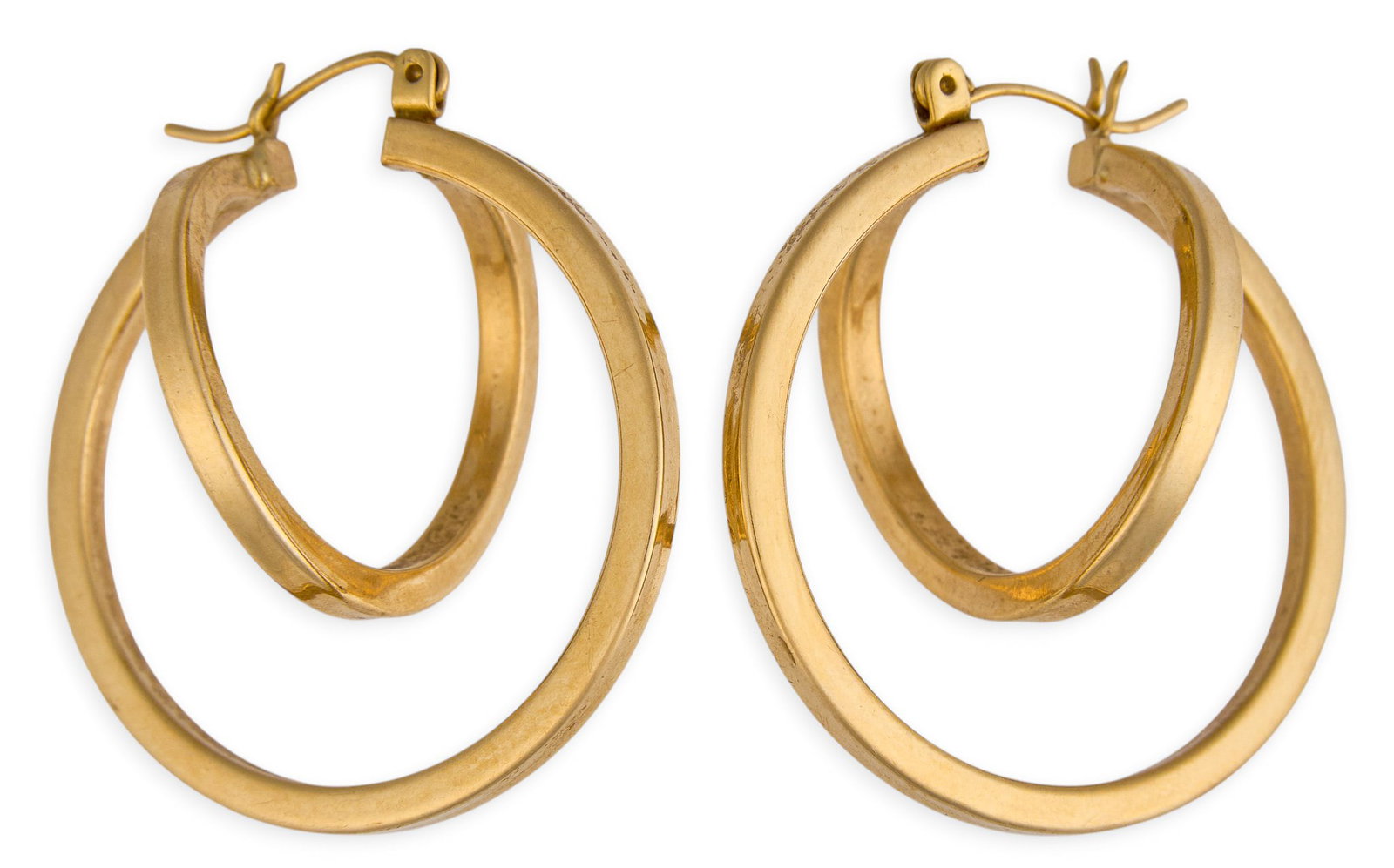 14K Double Hoop Earrings: Pair of 14K gold double-hoop earrings with hinged posts Size: 1.25 in. / width Total weight: 5.1 g Provenance: Property from a home in the Alamo Heights neighborhood of San Antonio, Texas