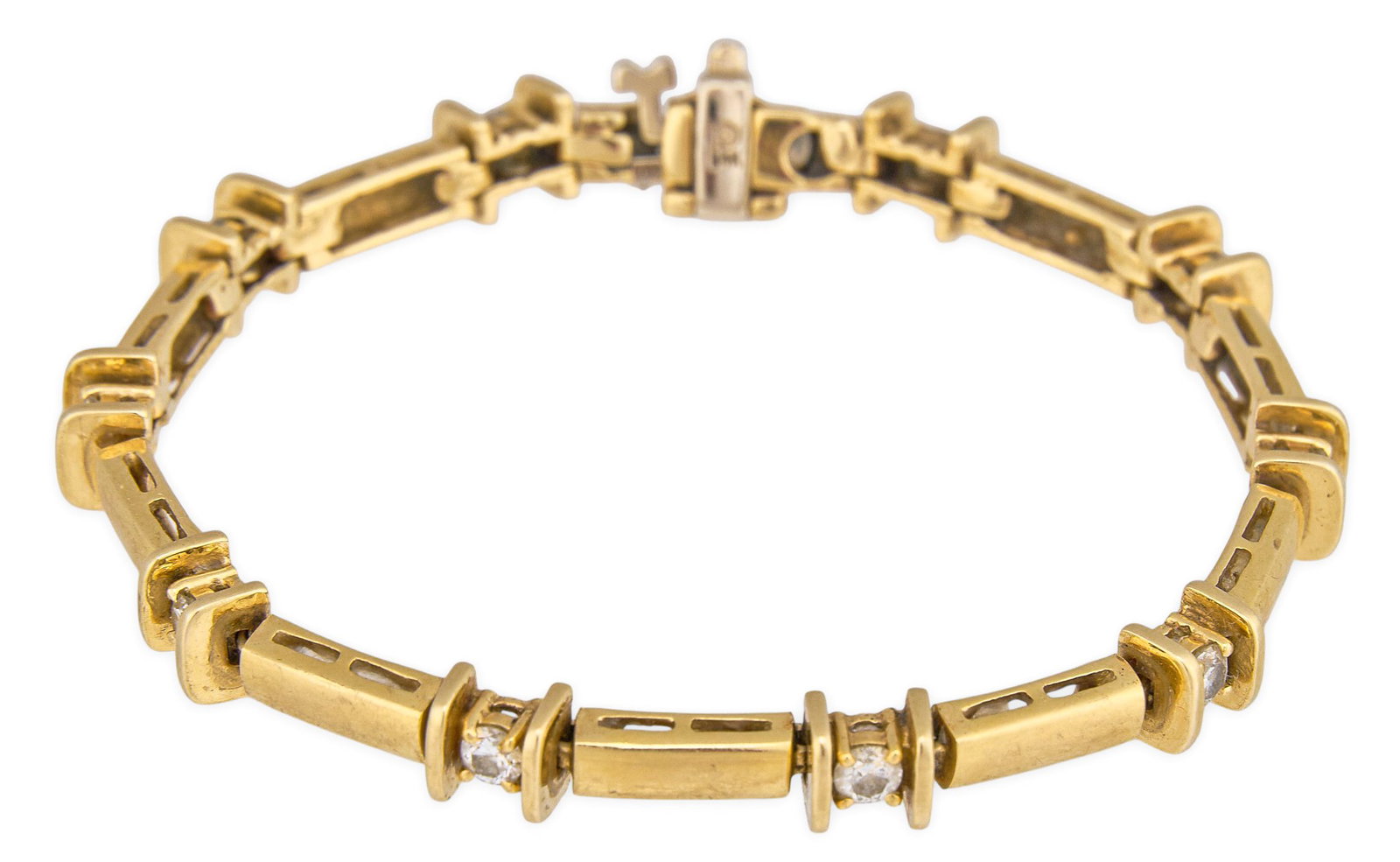 14K Diamond Bracelet: 14K gold station bracelet set with ten round brilliant-cut diamonds, clasp marked "14K" Length: 6 in. Total weight: 12.66 g