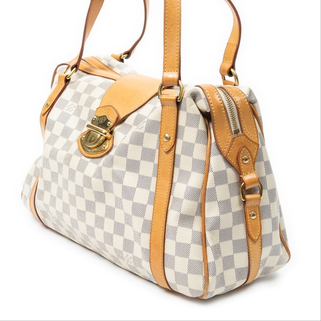 Louis Vuitton Stresa PM Shoulder Bag: Louis Vuitton Stresa PM shoulder bag in ivory damier azur, vachetta handles, golden brass hardware, marked FL4009 (40 week 2009); third-party authenticated 15.25 in. x 8.25 in. x 5.5 in. Condition