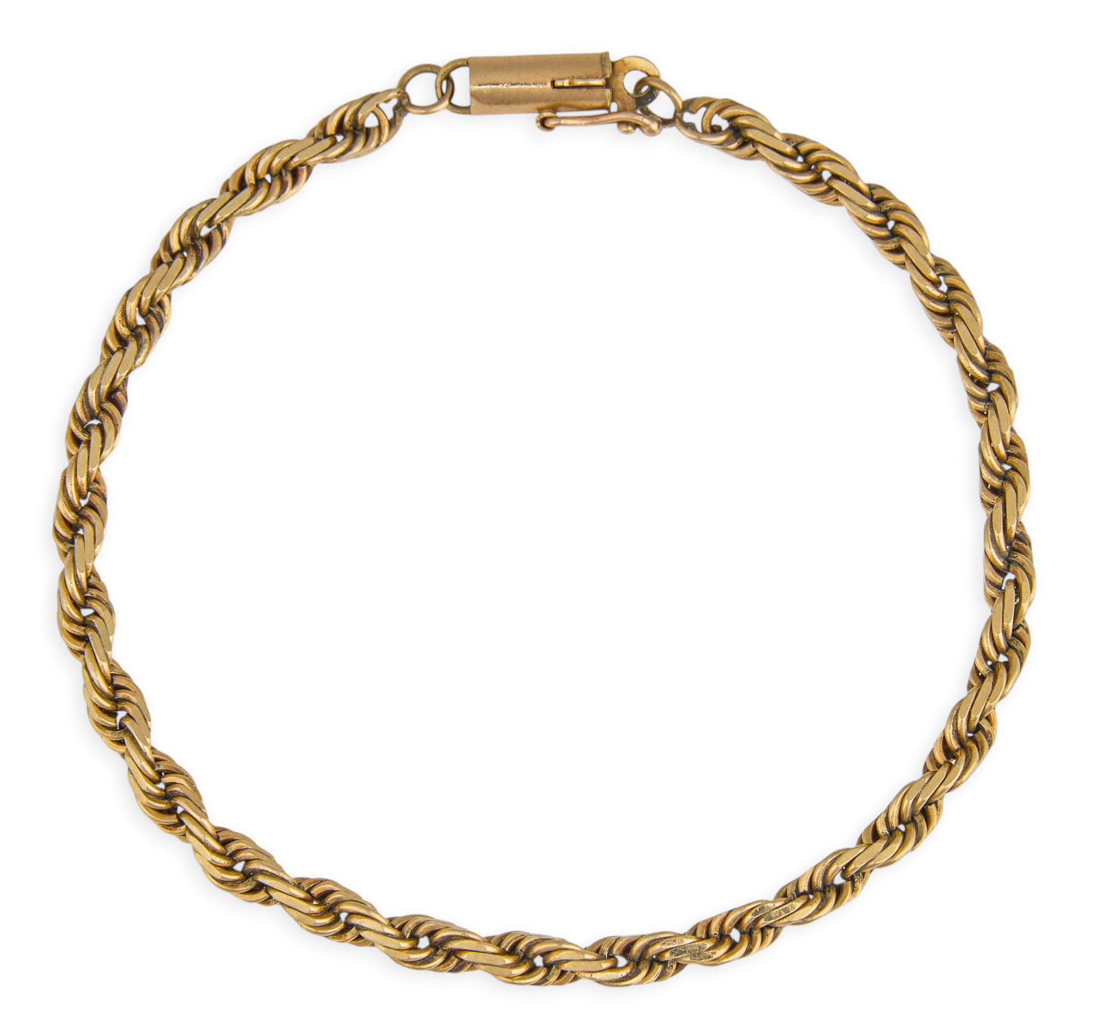 14K Rope Twist Bracelet: 14K gold rope twist bracelet, marked "14K" Length: 7.5 in. Total weight: 8.3 g Provenance: Property from a home in Boerne, Texas