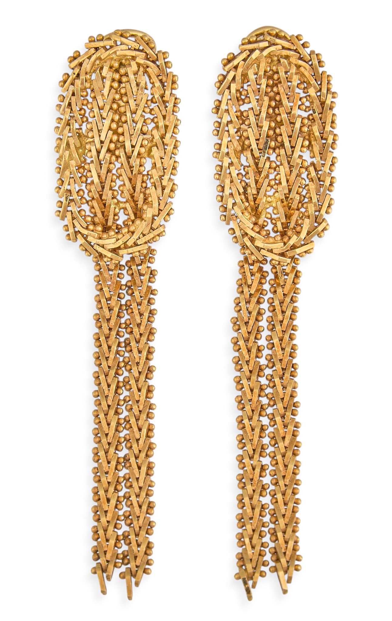 18K Woven Chain Earrings: Pair of Mexican 18K gold textured chain drop earrings, marked "18K Mexico" Length: 2 1/8 in. / each Total weight: 12.0 g Provenance: Property from a home in Boerne, Texas
