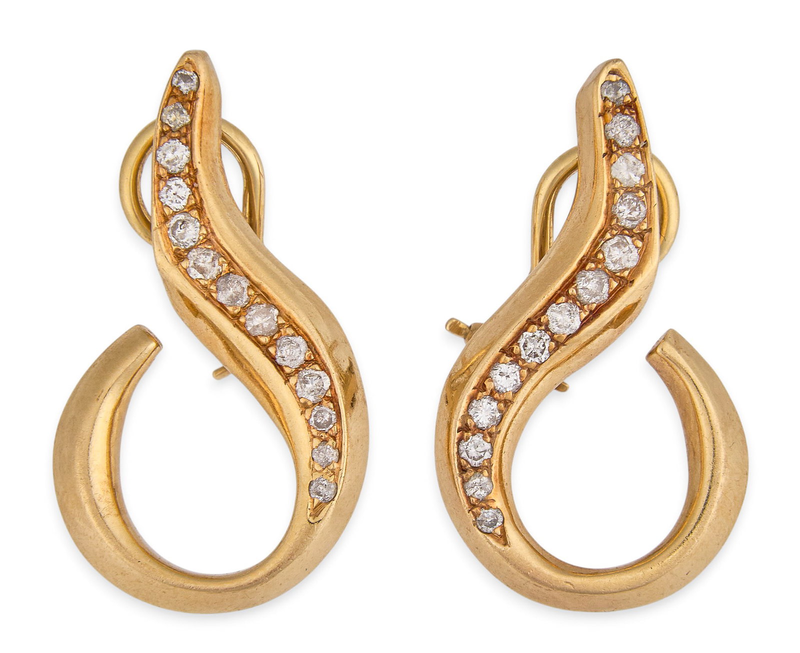 14K Diamond Earrings: Pair of 14K gold earrings, set with curved row of round-cut diamonds, marked "14K" Length: 1.25 in. / each Total weight: 8.5 g Provenance: Property from a home in Boerne, Texas