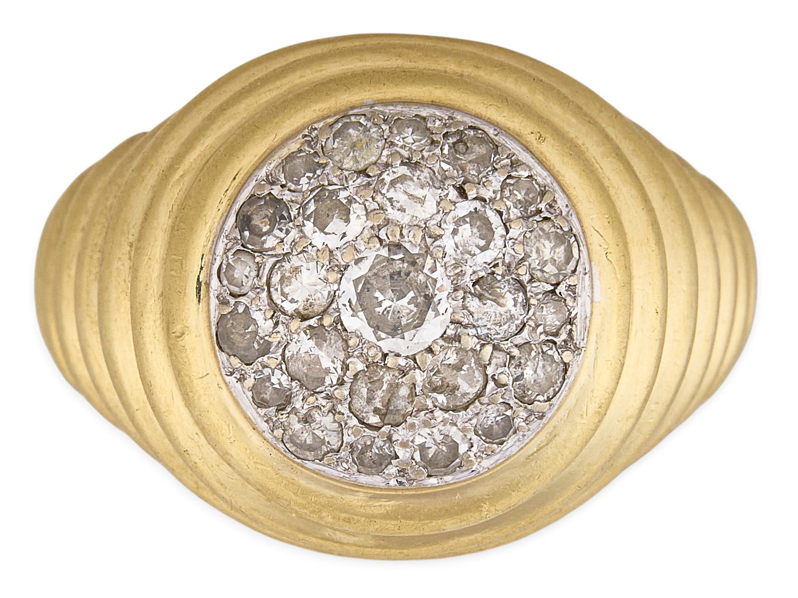 14K Diamond Ring: 14K gold ribbed ring set with round-cut diamonds in a cluster design, approximately 0.85 ctw, marked "14K" Size: 9.75 Total weight: 11.6 g Provenance: Property from a home in the Alamo Heigh