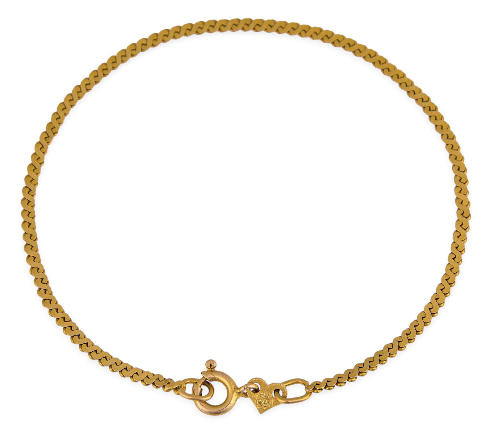 14K Serpentine Chain Bracelet: 14K gold serpentine chain bracelet, marked "14K Italy" Length: 6.75 in. Total weight: 2.2 g Provenance: Property from a home in the Alamo Heights neighborhood of San Antonio, Texas