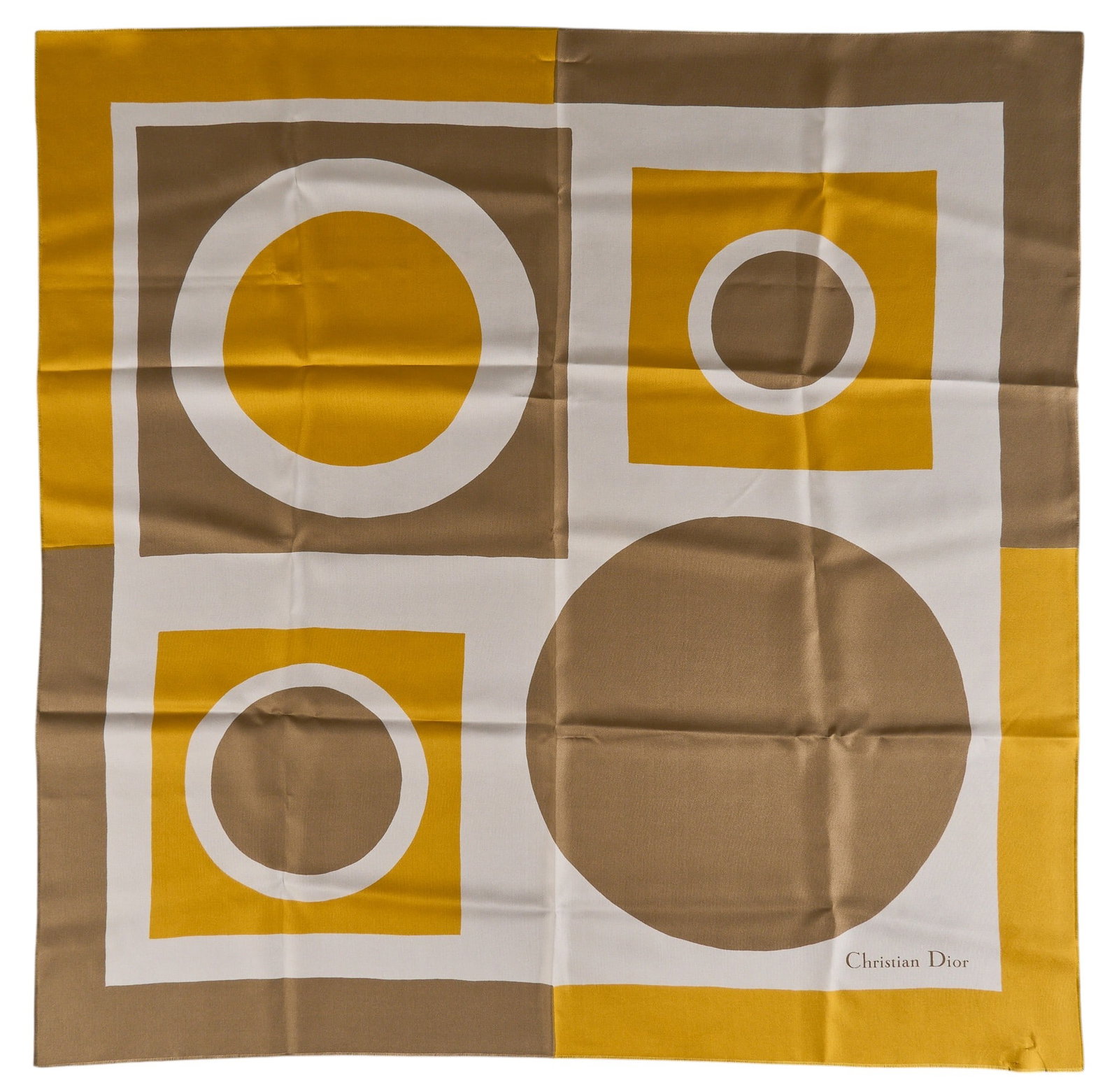 Christian Dior Mod Silk Scarf: Christian Dior mod silk scarf Square: 30.5 in. Condition B; good condition, overall structure maintained with evidence of everyday use, two small holes in one corner