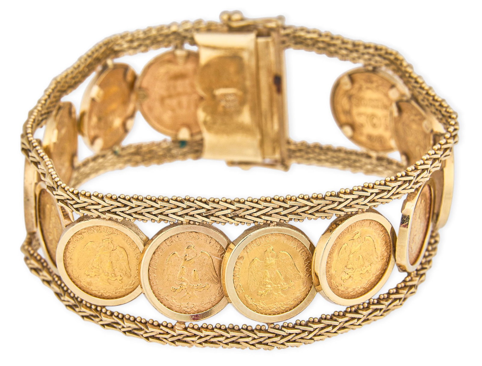14K Dos Pesos Bracelet: 14K gold bracelet featuring a row of Mexican 2 pesos gold coins framed by mesh links, clasp marked "14K" Length: 7 in. Total weight: 49.8 g Provenance: Property from a home in Boerne, T