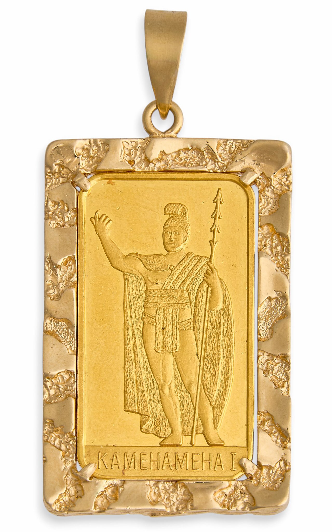 Honolulu Mint .999 Gold Bar Pendant: Honolulu mint 10 grams of .999 fine gold bar set in 14K pendant, features engraving of 'KAMEHAMEHAI I', Hawaiian king who united the islands, on the front of the gold bar height 2 in. x width