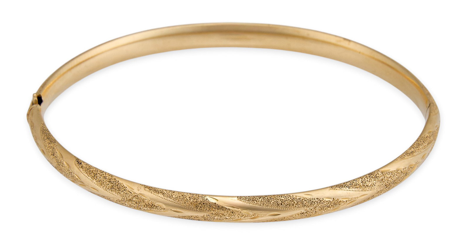 14K Bangle Bracelet: 14K gold hinged bangle bracelet, with textured design and safety chain Circumference: 6.75 in. Total weight: 4.68 g Provenance: Property from a home in the Alamo Heights neighborhood of San Antonio, T