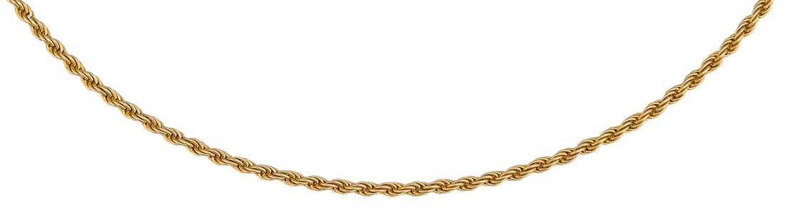 14K Twisted Rope Necklace: 14K gold twisted rope chain necklace, marked "14K" and "585" to clasp Length: 23.5 in. Total weight: 8.95 g Provenance: Property from a home in the Alamo Heights neighborhood of
