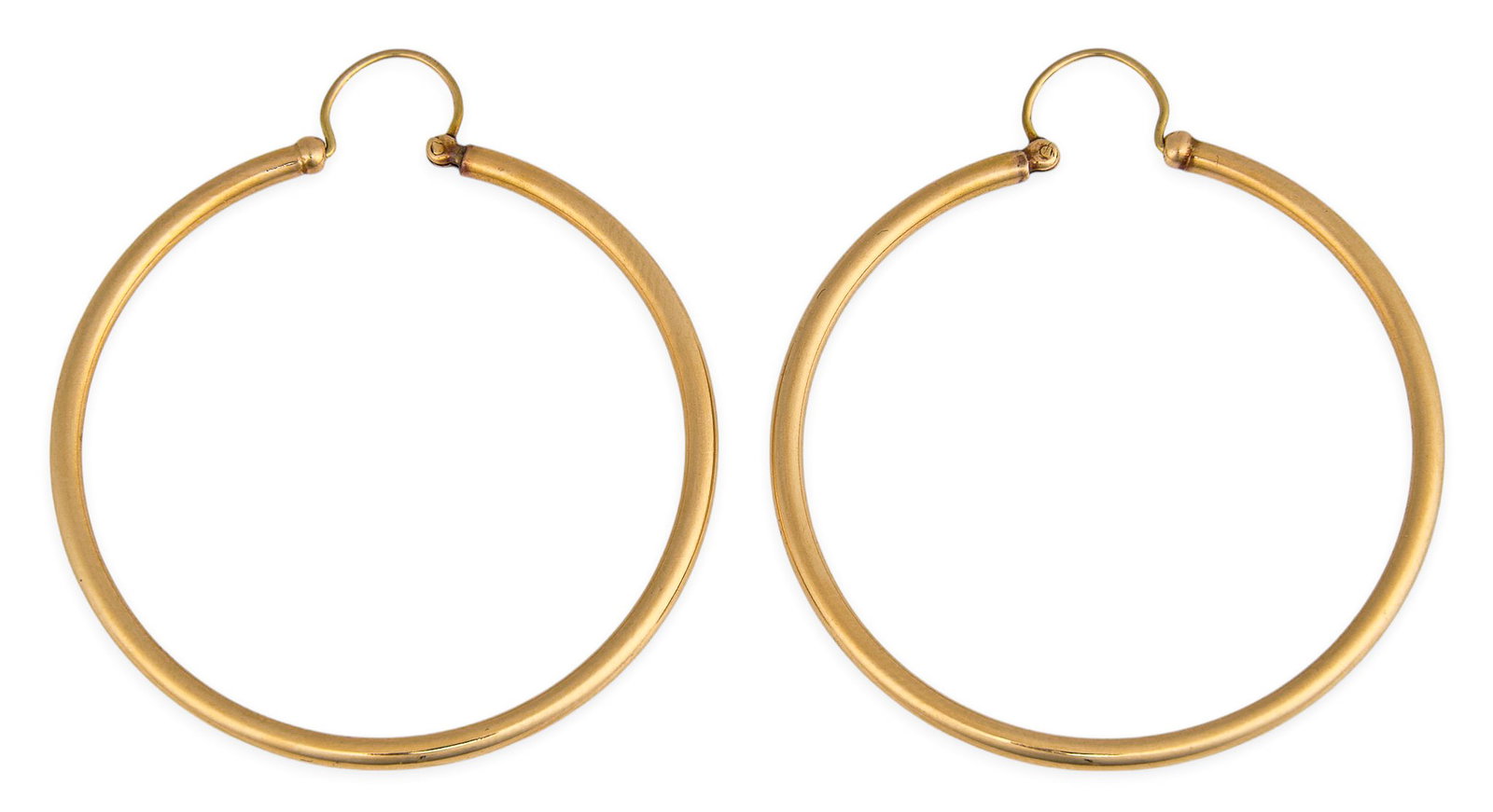 14K Large Hoop Earrings: Pair of large 14K gold hoop earrings, marked "14K" Size: 1.75 in. / diameter Total weight: 6.74 g Provenance: Property from a home in the Alamo Heights neighborhood of San Antonio, Texas