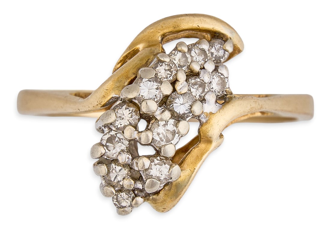 14K Diamond Ring: 14K gold ring set with round-cut diamonds in a cluster setting, set in platinum prongs, marked "14K" Size: 10 Total weight: 4.6 g Provenance: Property from a home in San