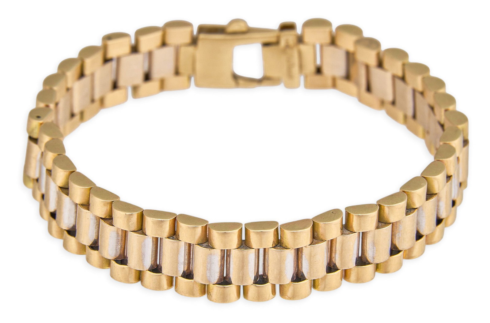14K Watch Strap Bracelet: 14K gold watch-strap bracelet, with President style link pattern, marked "14Kt Valliani" Length: 8 in. Total weight: 36.14 g