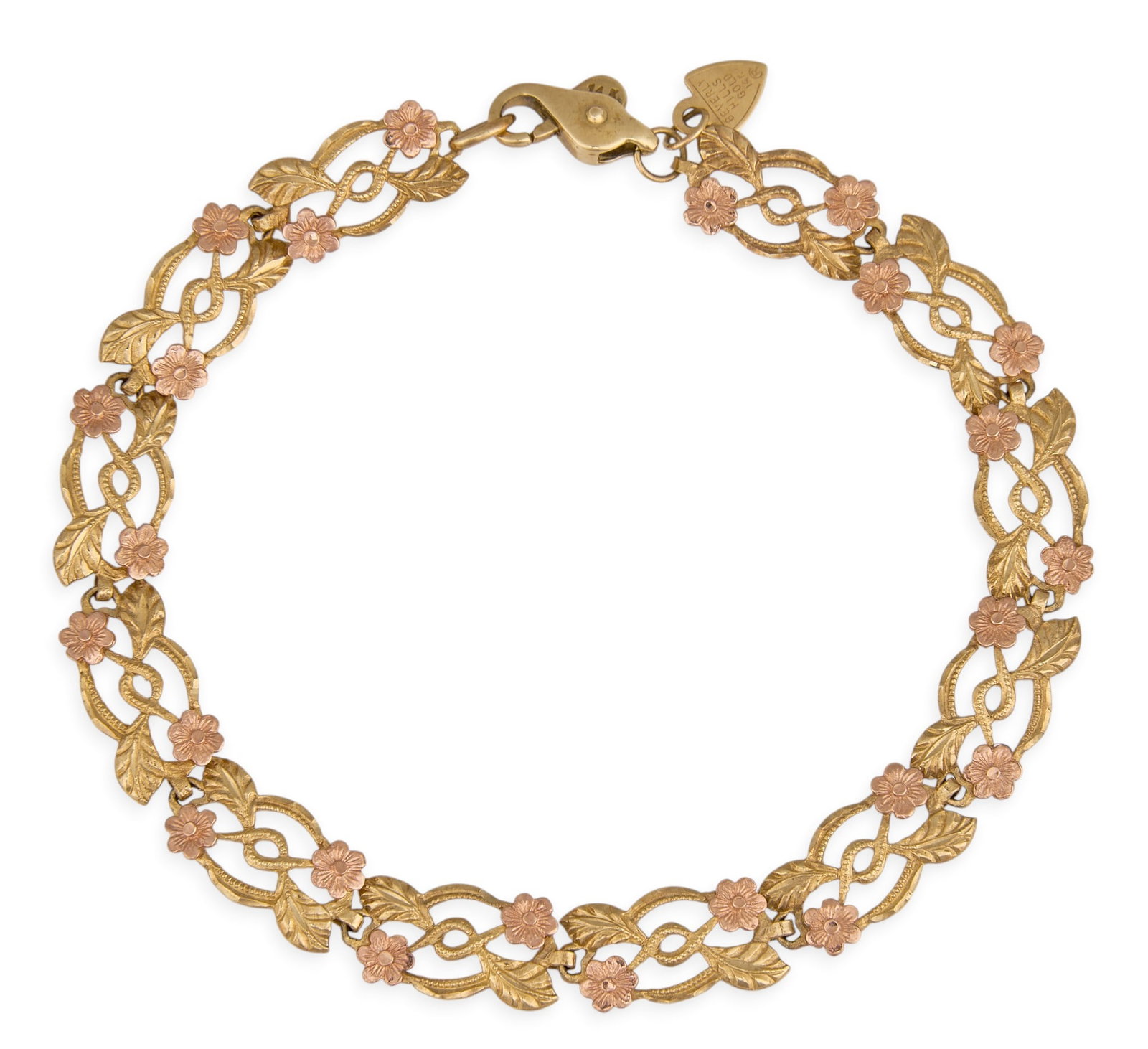 14K Two-Tone Floral Link Bracelet: 14K two-tone gold bracelet composed of floral motif links, with foliate and scrolled details throughout, marked "BEVERLY HILLS GOLD 14K" near clasp Length: 7 in. Total weight: 6.19 g 