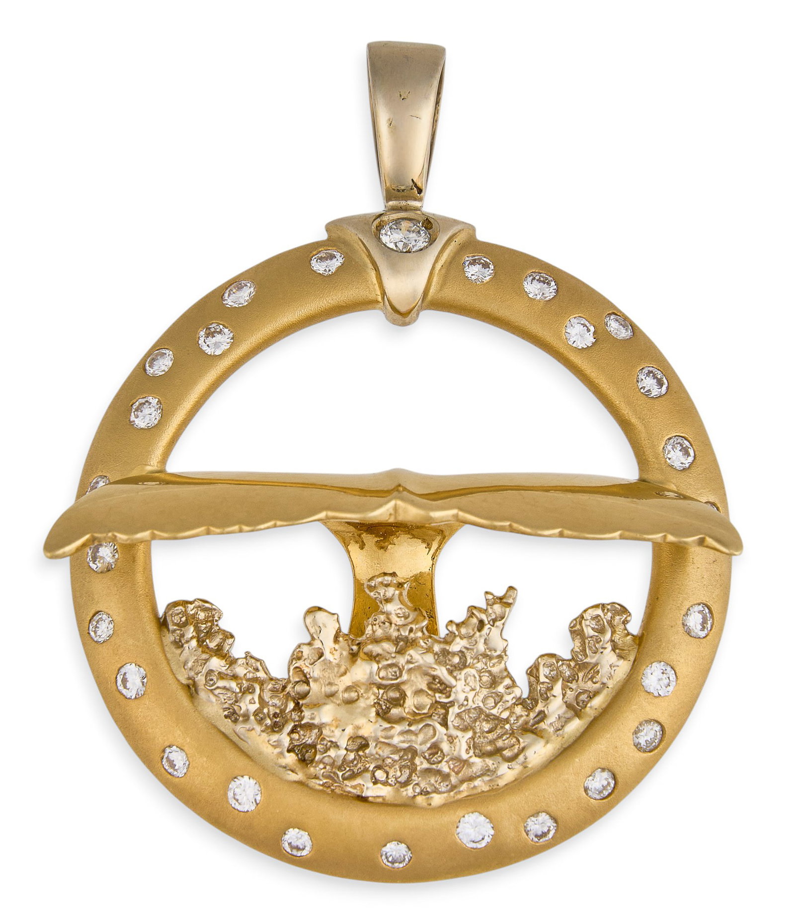 18K Diamond Whale Tail Pendant: 18k yellow gold whale tail pendant set with twenty-seven diamonds, marked "031-250" on back height 1.5 in. x width 1.5 in. Total weight: 12 g Provenance: Property