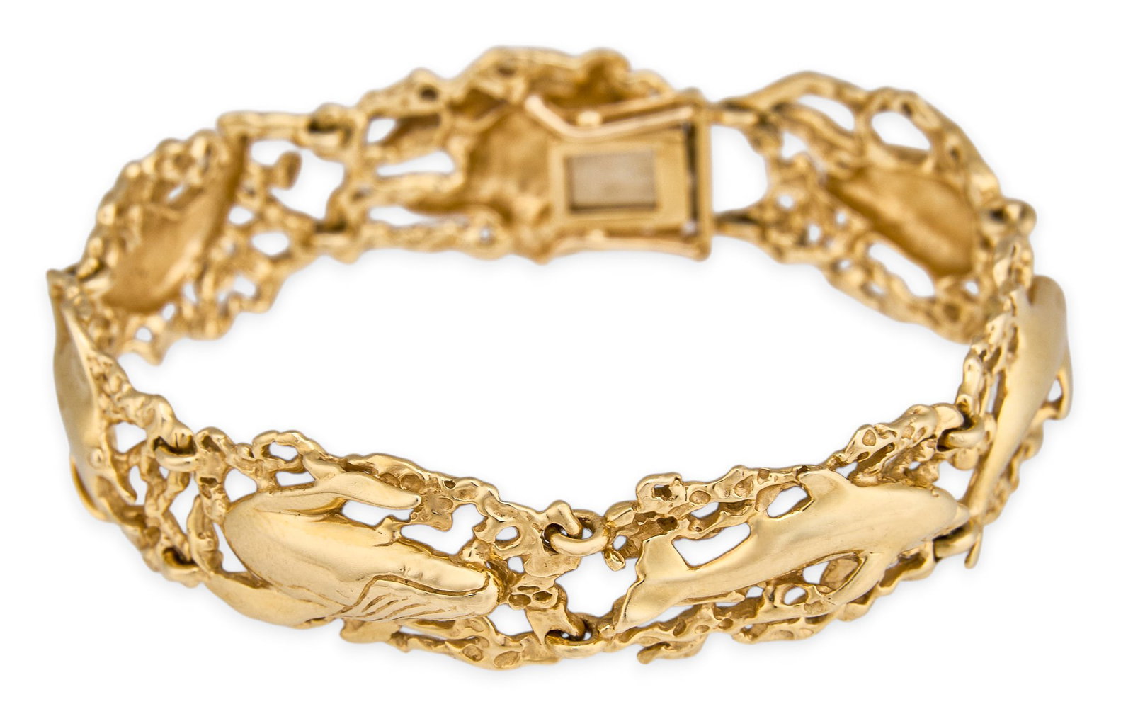 14K Ocean Life Bracelet: 14K yellow gold ocean life bracelet with various whales, dolphins and other sea creatures, marked "14k" Length: 7 in. Total weight: 31.0 g Provenance: Property form a home in Boe
