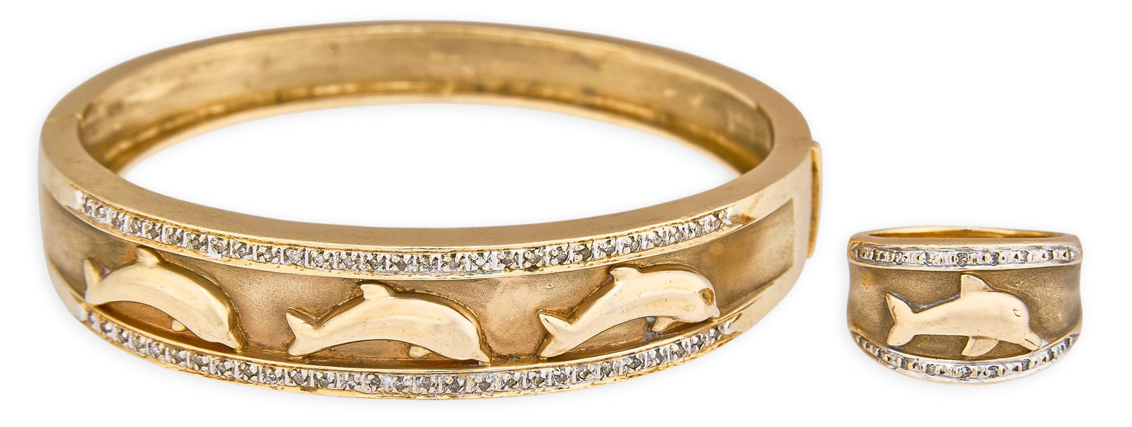 14K Diamond Dolphin Motif Bangle & Ring: Matching 14K yellow gold and diamond bangle bracelet and ring with dolphin motif, both marked 14k Ring size: 5 Circumference of bangle: 6.75 in. Provenance: Property form a home in Boerne, 
