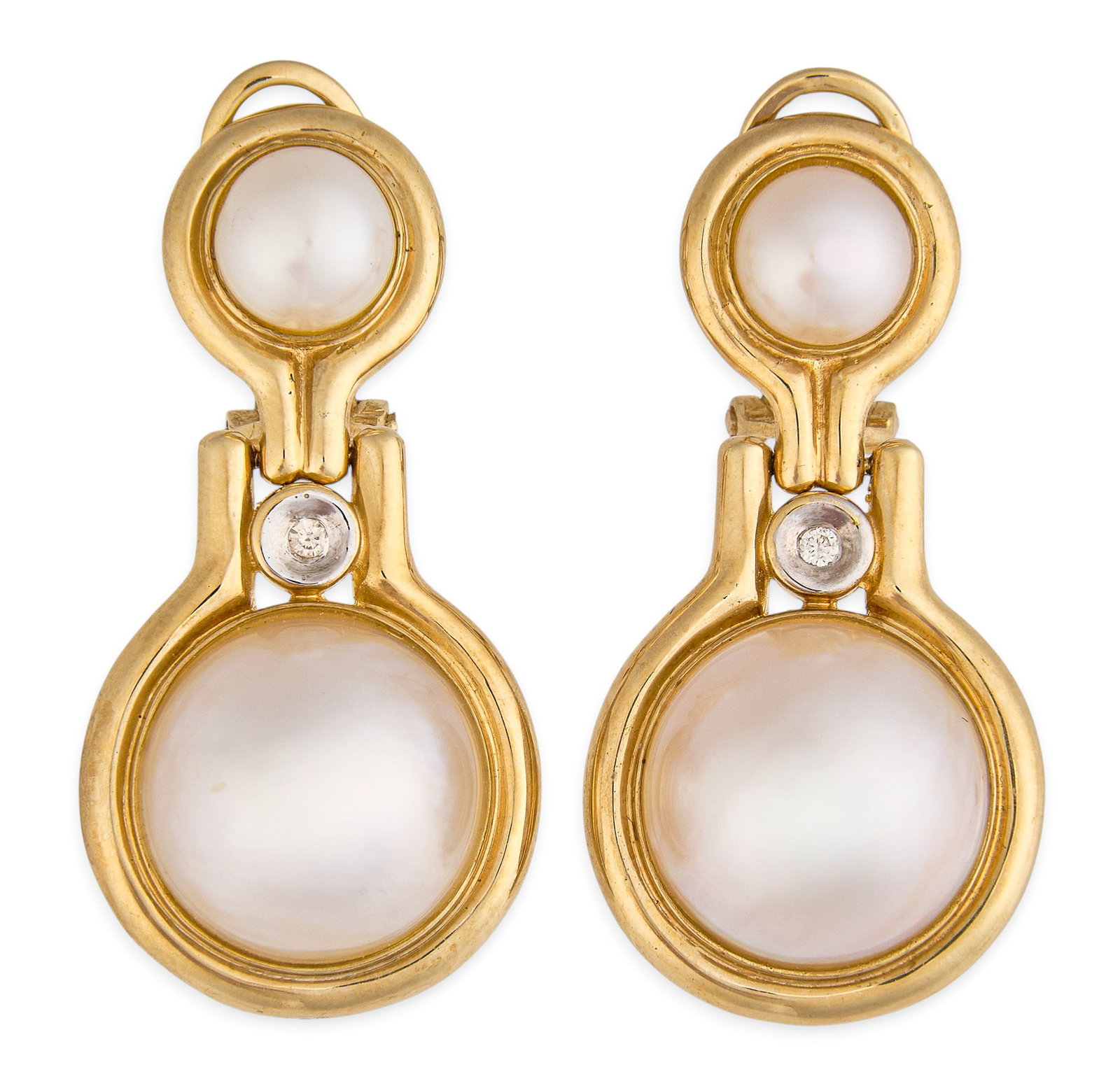 14K Mabe Pearl Earrings: Pair of 14K gold earrings set with mabe pearls, accented by a round diamond detail, marked "14K 585" Size: 1 3/8 in. / length Total weight: 9.2 g Provenance: Property from the personal
