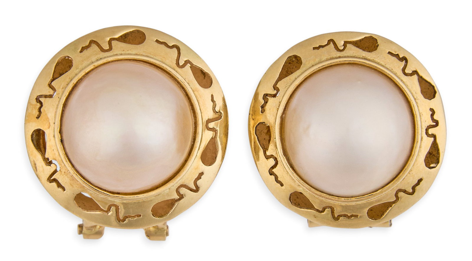 14K Mabe Pearl Earrings: Pair of 14K yellow gold (tested) earrings, set with mabe pearls in pierced settings Size: 7/8 in. / diameter Total weight: 9.4 g Provenance: Property from the collection of an industrial chemicals