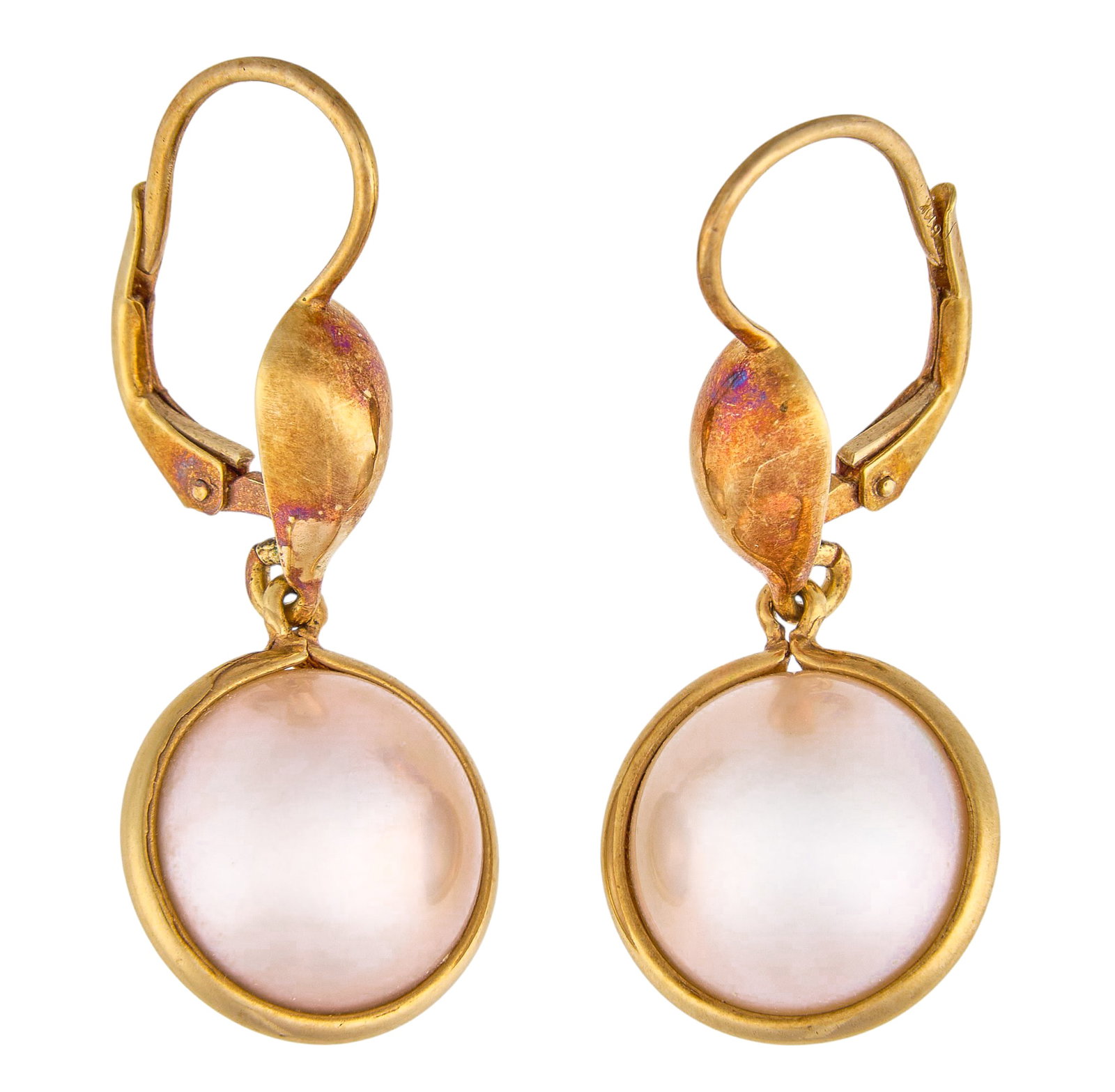 14K Pearl Drop Earrings: Pair of 14K gold earrings set with mabe pearls, marked "ADPG 14K" Size: 1.5 in. / length Total weight: 6.25 g Provenance: Property from a home in the Alamo Heights neighborhood of San