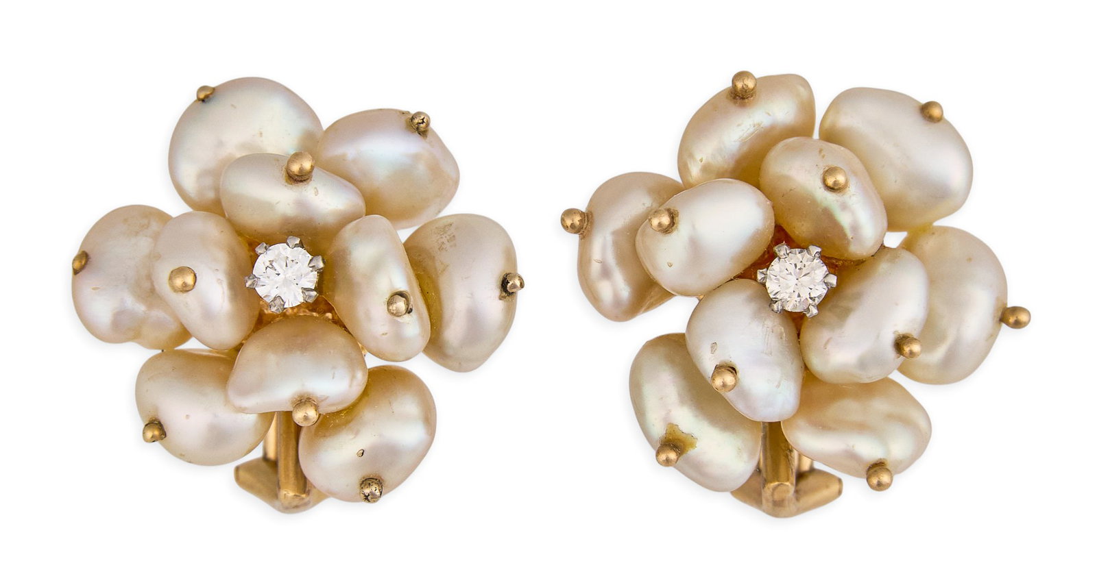 14K Freshwater Pearl & Diamond Earrings: Pair of 14K yellow gold earrings set with freshwater pearls in cluster setting, and round brilliant cut diamonds, approximately 0.2 ctw, marked "14K" Size: 0.75 in. / diameter Total weight: