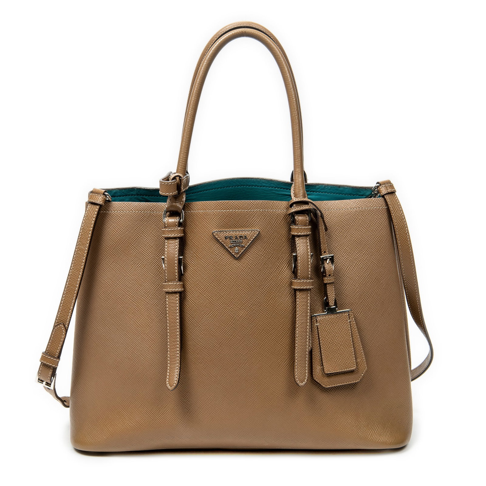Prada Cuir Double Handle Tote Shoulder Bag: Prada Cuir Double Handle Tote shoulder bag in brown saffiano leather, silver hardware, marked 1BG820/117/A, includes long strap, card, luggage tag; third-party authenticated 13.75 in. x 10.25 in. x 6.