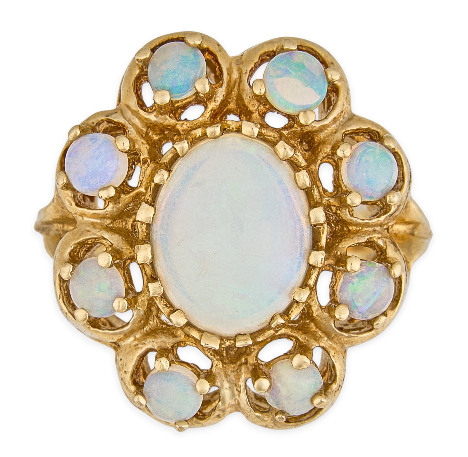 14K Opal Ring: 14K gold ring set with large oval-cut opal cabochon, flanked by additional eight opal cabochons, marked "14K" Size: 6.5 Total weight: 6.7 g Provenance: Property from a home in the Alamo