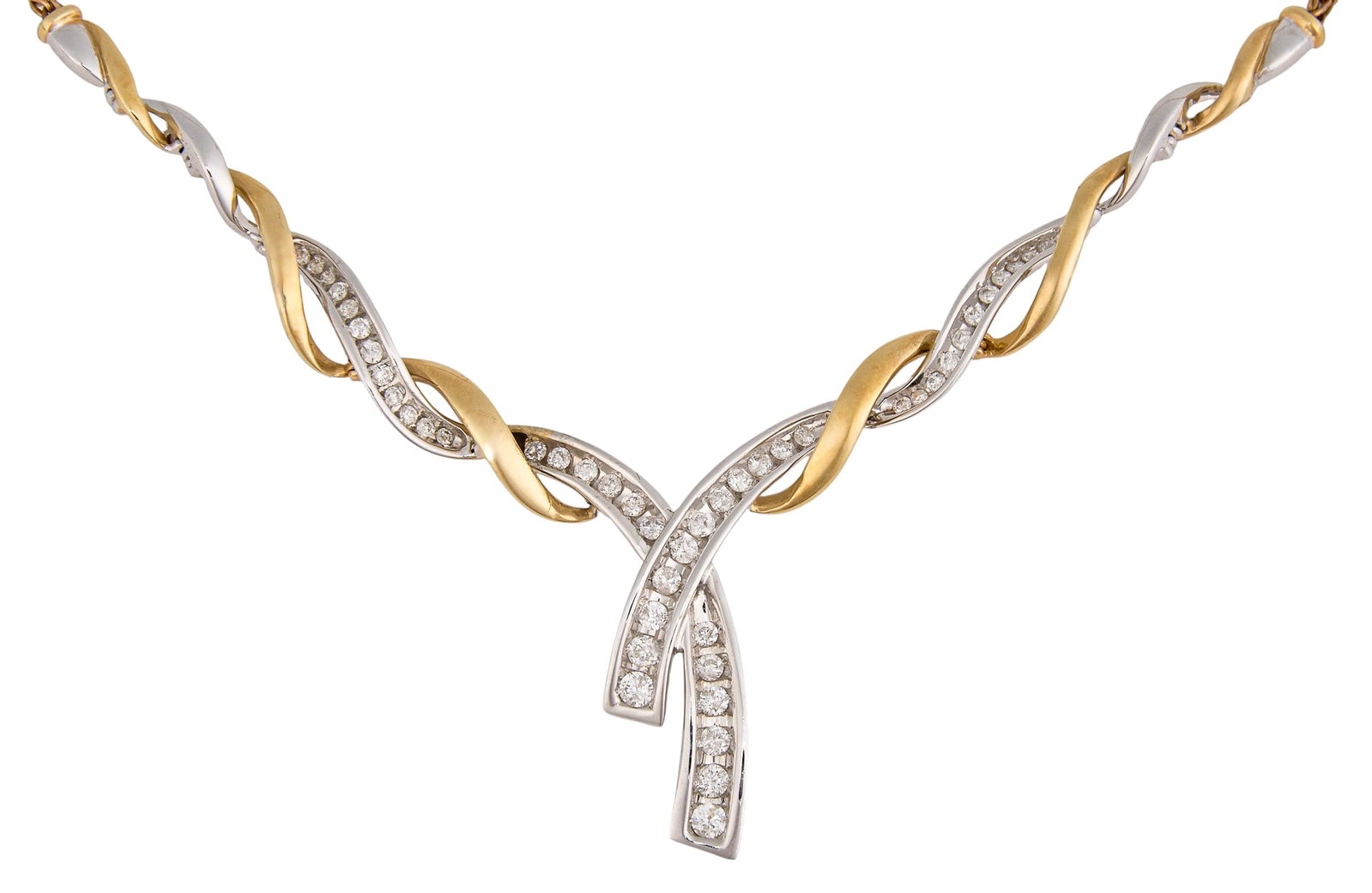 14K Two-Tone Diamond Twist Necklace: 14K two-tone gold twist necklace, set with round brilliant cut diamonds, marked "14K" Length: 18 in. Total weight: 12.0 g Provenance: Property from a home in San Antonio, Texas