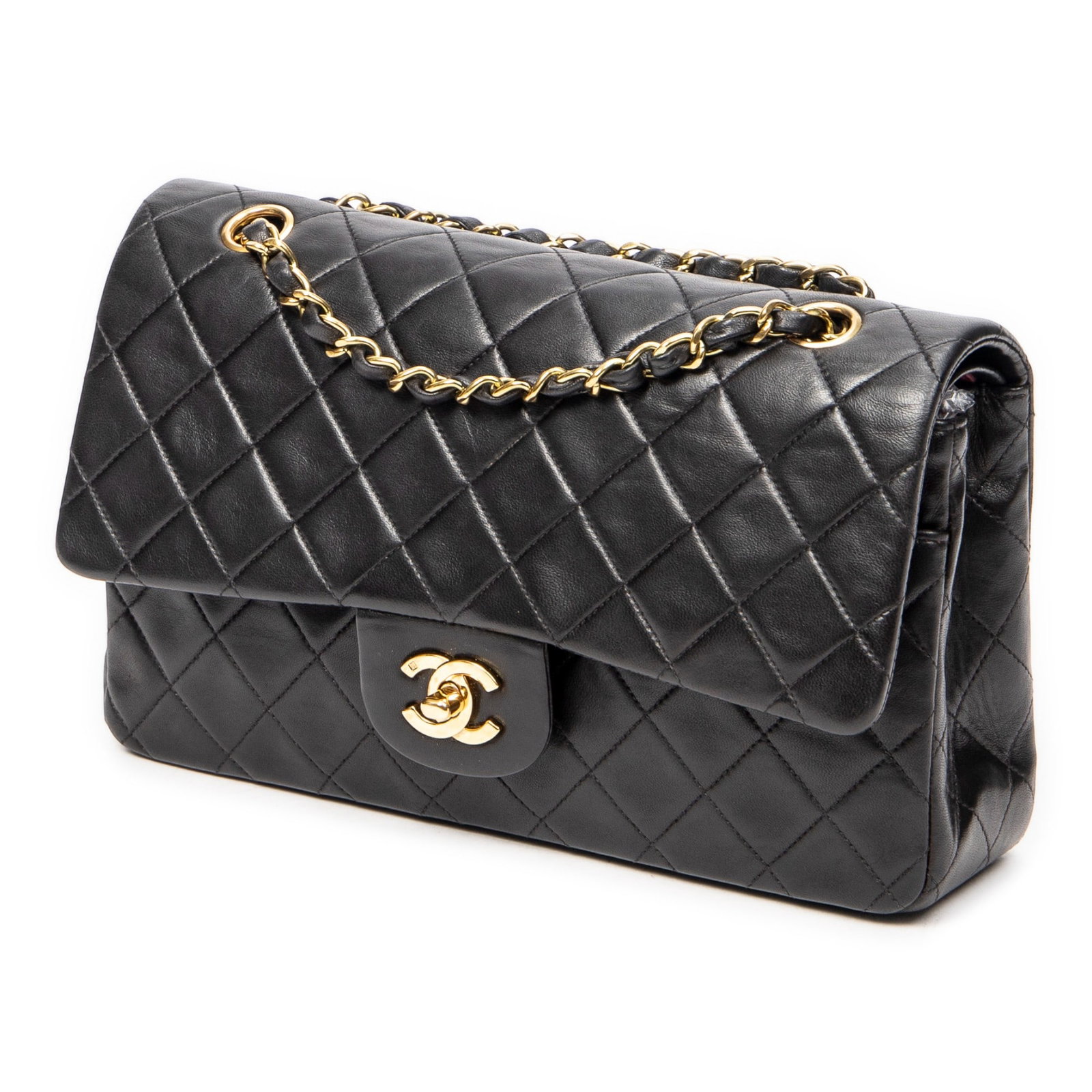 Chanel Classic Double Flap 26 Shoulder Bag: Chanel Classic Double Flap 26 shoulder bag in black quilted lambskin leather, with interlaced chain, and gold hardware, marked 2988954 (1991-1994); third-party authenticated 10 in. x 6.25 in. x