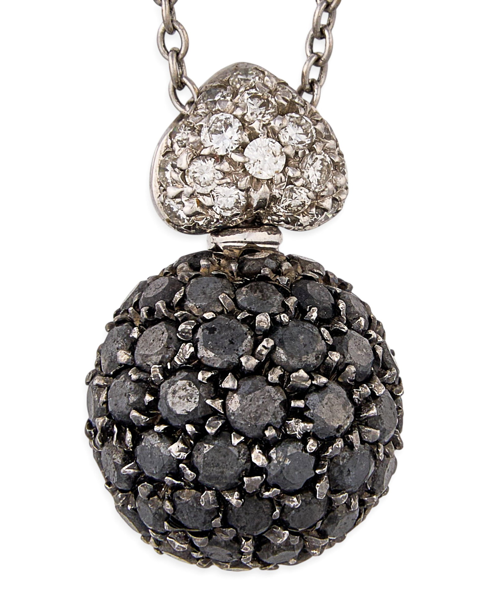 18K Diamond Ball Necklace: 18K white gold pendant necklace, spherical pendant set with round diamonds in pave settings, clasp marked "18K" Length: 16 in. Total weight: 5.8 g Provenance: Property from a home