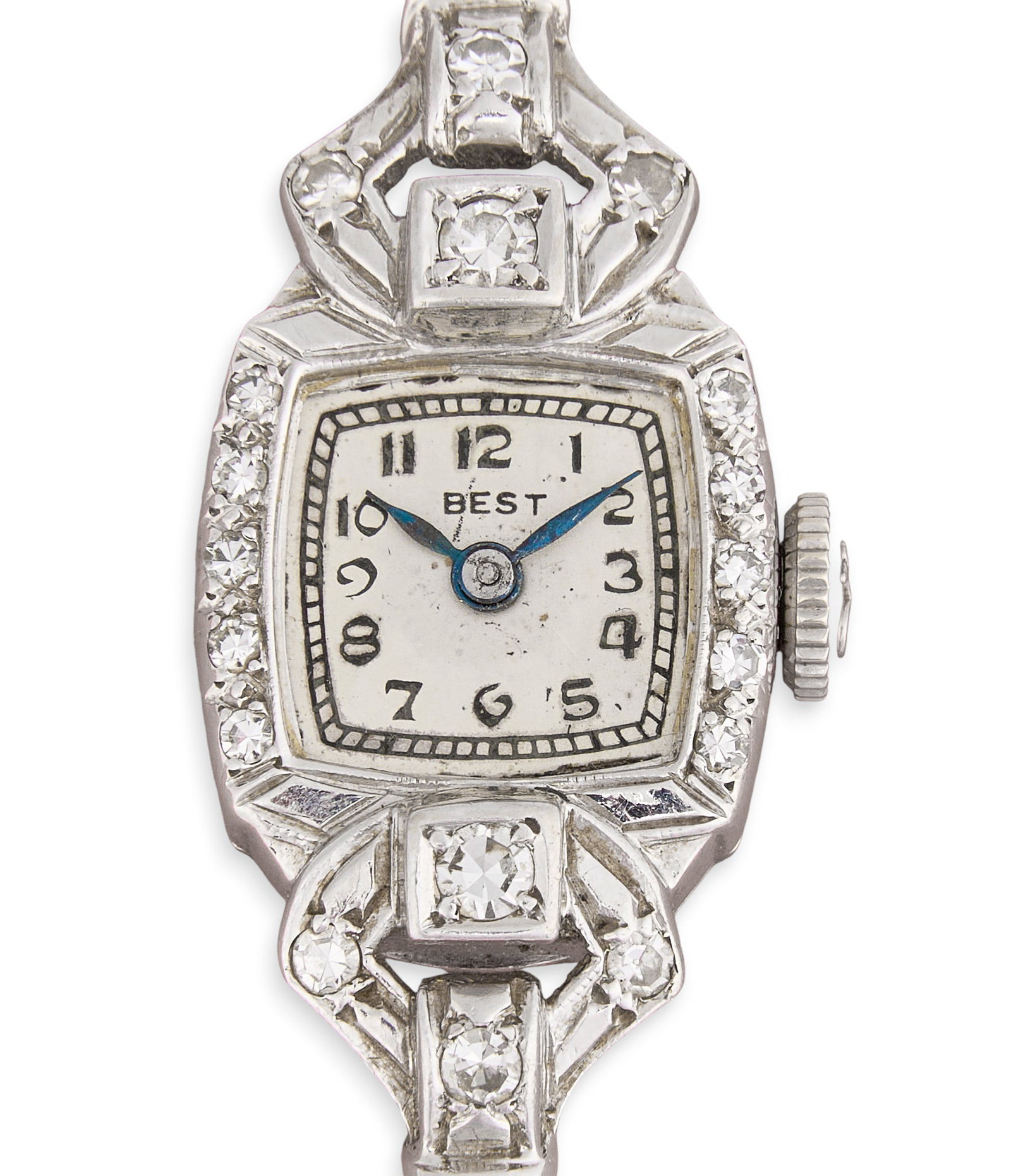Ladies' Platinum Diamond Watch: Ladies' platinum diamond watch with platinum diamond attachment with seventeen jewel Hamilton movement, set with one hundred seventeen round brilliant cut diamonds and twenty-six baguette