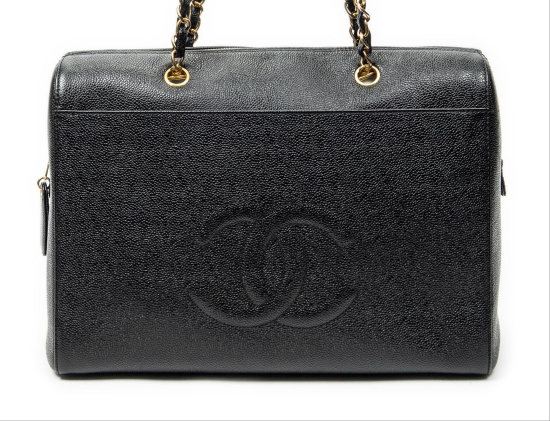 Chanel Large CC Chain Boston Tote Shoulder Bag: Chanel Large CC Chain Boston Tote shoulder bag in black caviar leather, gold hardware, marked 5487546 (1997-1999), includes dustbag; third-party authenticated 13.75 in. x 9.75 in. x 6.25 in.